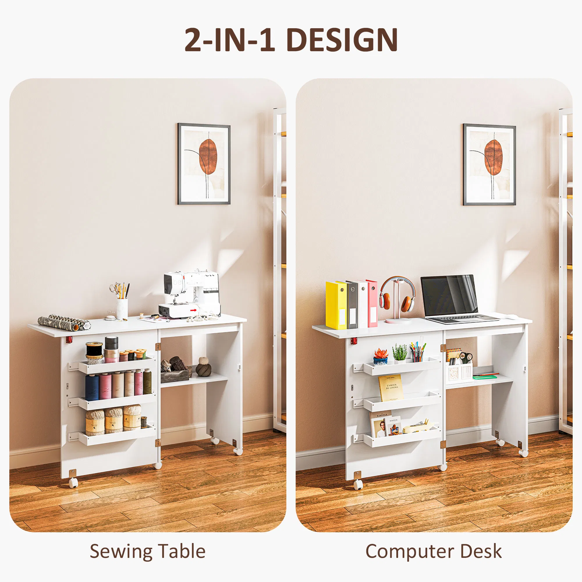 Sewing Machine Cabinet, Folding Sewing Table with Storage Shelf, Bins and Lockable Wheels for Small Space, White photo 2
