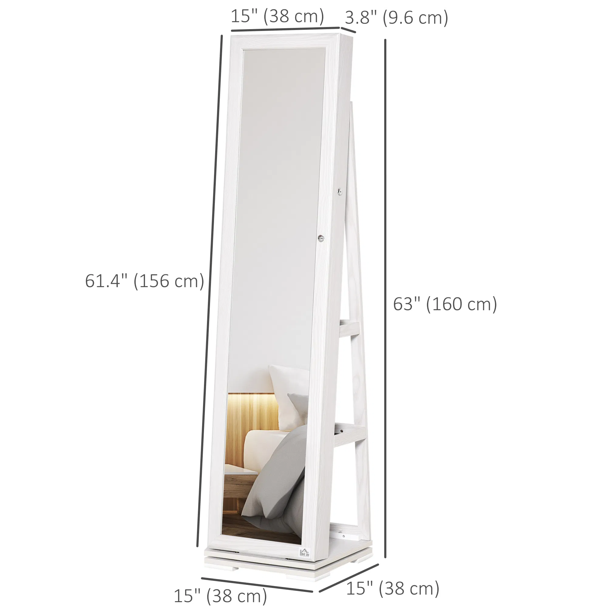360 Swivel Jewelry Cabinet with Full Length Mirror Lockable Organizer White photo 4