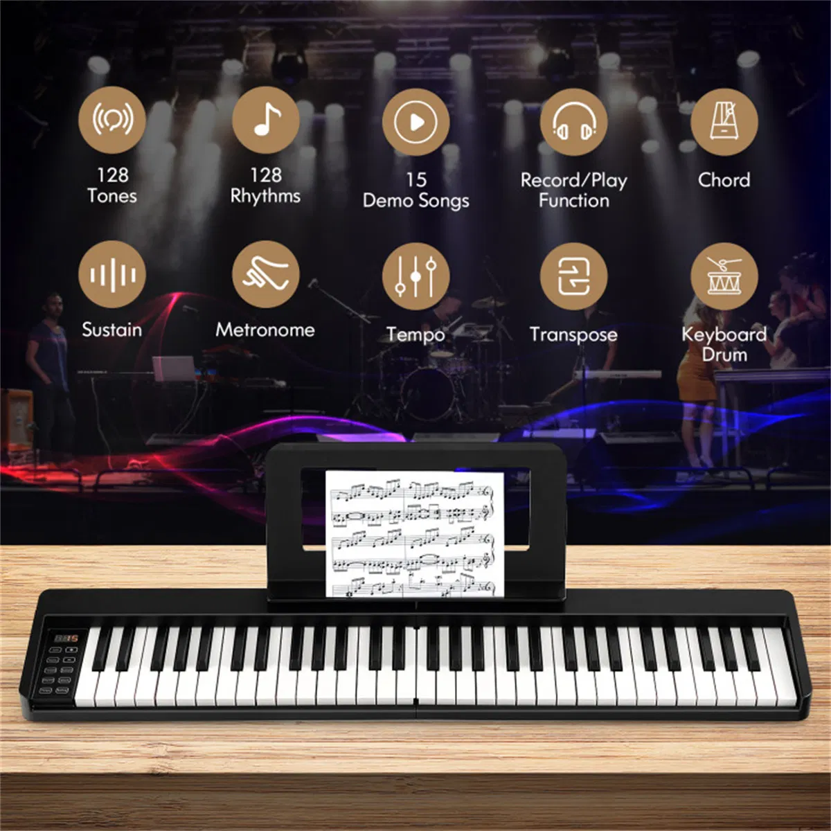 Foldable 61-Key Full-Size Digital Piano, 90.17×17.78×5.08 cm Wireless MIDI Keyboard with 1750mAh Rechargeable Battery, Black photo 5