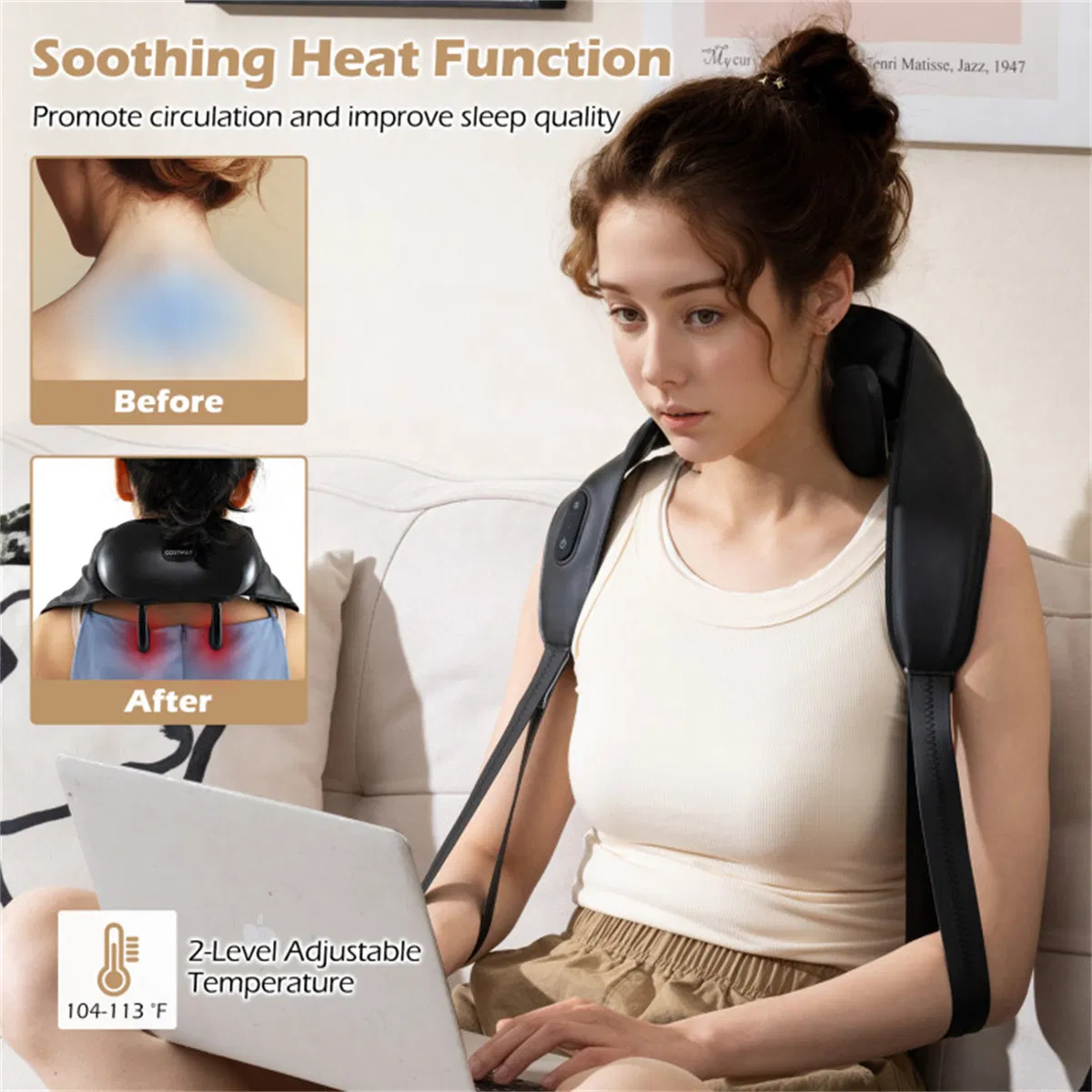 Neck Shoulder Massager - 4D Deep Tissue Kneading, 2 Modes & 2-Level Heat (104-113°F), Hands-Free Straps for Home/Office/Travel photo 8