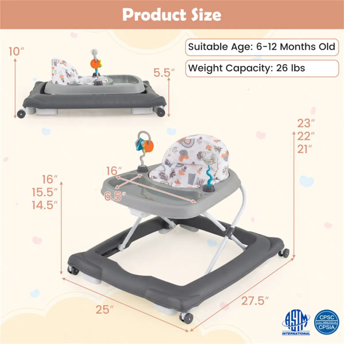 Grey Foldable Baby Walker with Detachable Tray & Shape Sorter Toys, 3-Level Height Adjustable for 6-12 Months photo 4