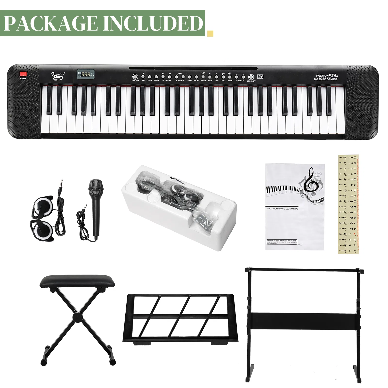 [Do Not Sell on Amazon] GEP-109 61 Key Lighting Keyboard with Piano Stand, Piano Bench, Built In Speakers, Headphone, Microphone, Music Rest, LED Screen, 3 Teaching Modes for Beginners photo 3