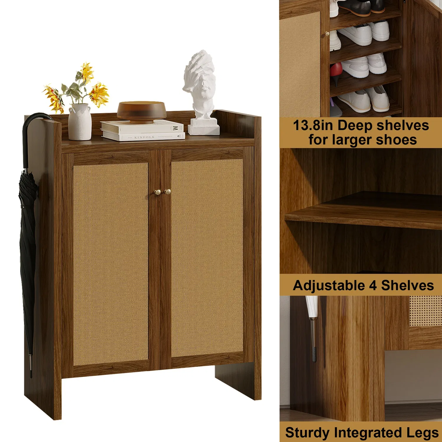 Shoe Cabinet Set, Large Capacity Shoe Storage Organizer Cabinet, Tall Rattan Shoe Cabinet with Doors and Shelves, 6-Tier Farmhouse Boho Wooden Storage Cabinet for Entryway Hallway photo 5