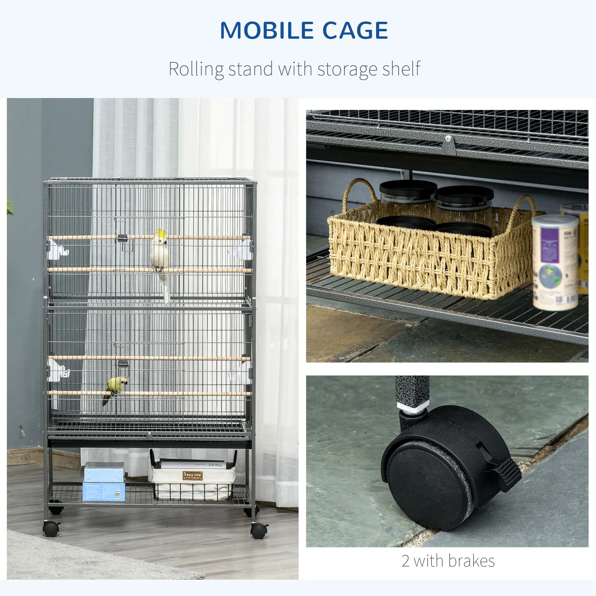 52'' Large Rolling Steel Bird Cage Bird House with Rolling Stand, Storage Shelf, Wood Perch, Food Container, Dark Grey photo 5