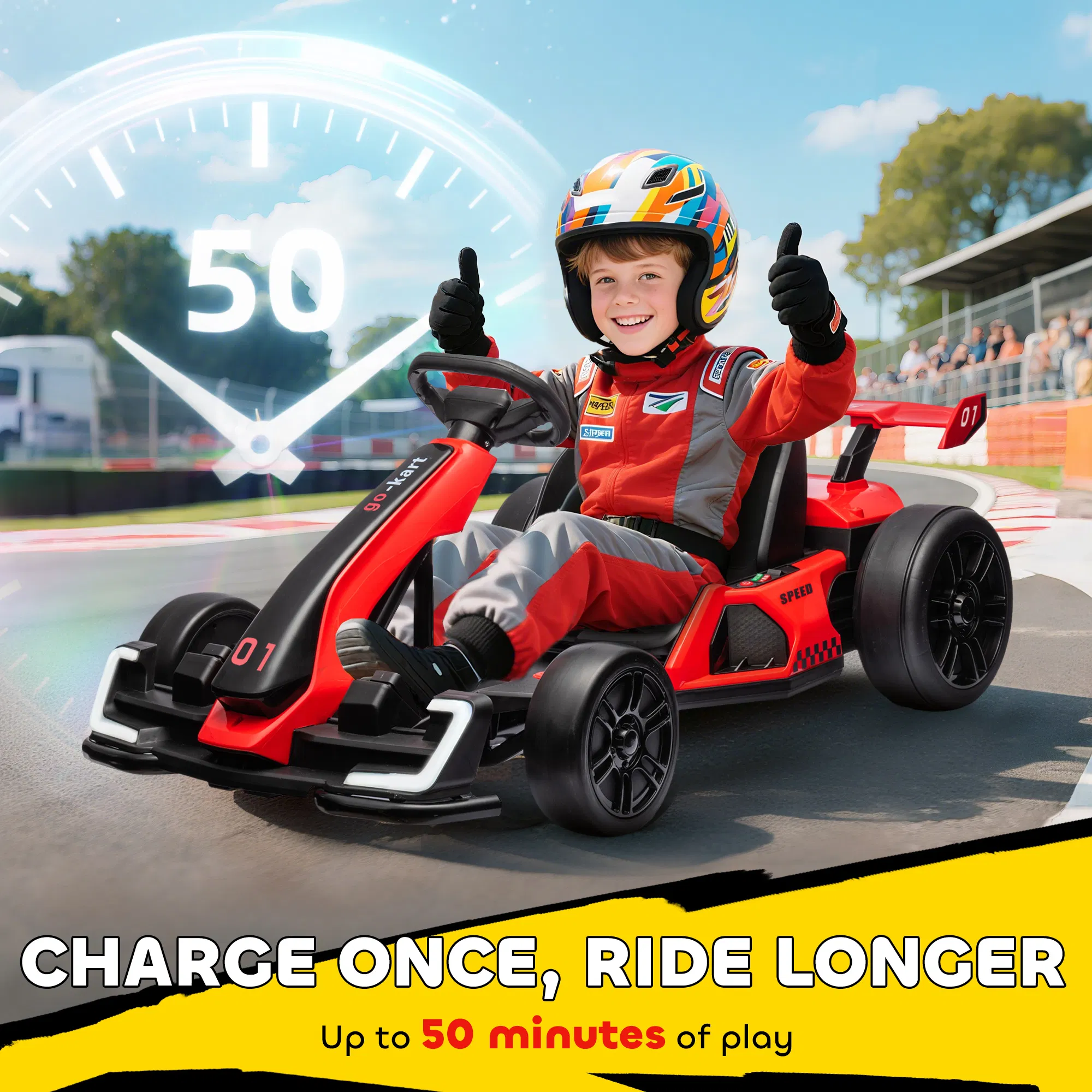 24V Electric Go Kart, Battery Powered Kids Drift Kart with Adjustable Seat, Seat Belt, Horn, Music, Light, Red photo 5