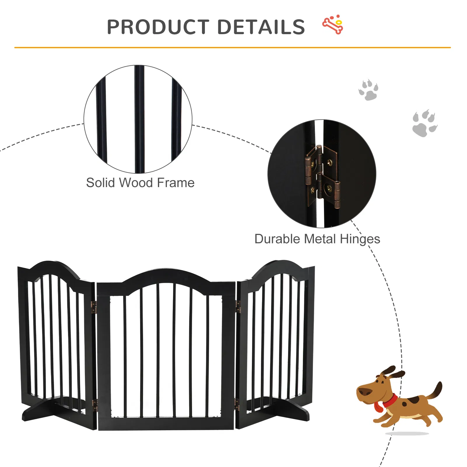24"H Foldable Dog Gate, 3 Panels Freestanding Pet Gate Barriers Indoor with Support Feet, Puppy Fence for Small Dogs, Black photo 6
