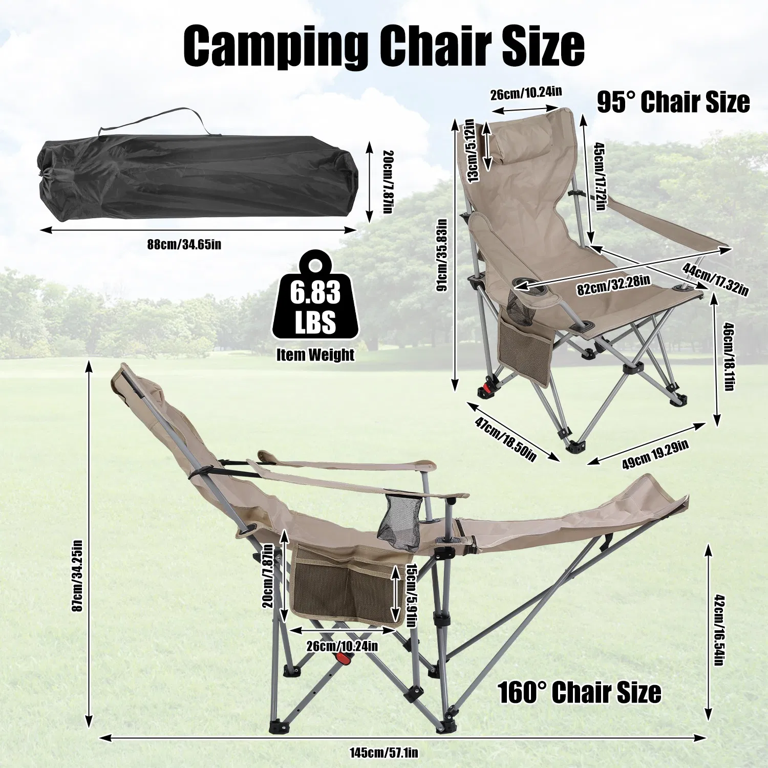 1Pc Reclining Camping Chair with Footrest 4-Position Adjustable Outdoor Folding Chair Heavy Duty Portable Camping Lounge Chair with Headrest Cup Holder & Side Pocket for Outdoor Beach Patio Travel photo 7