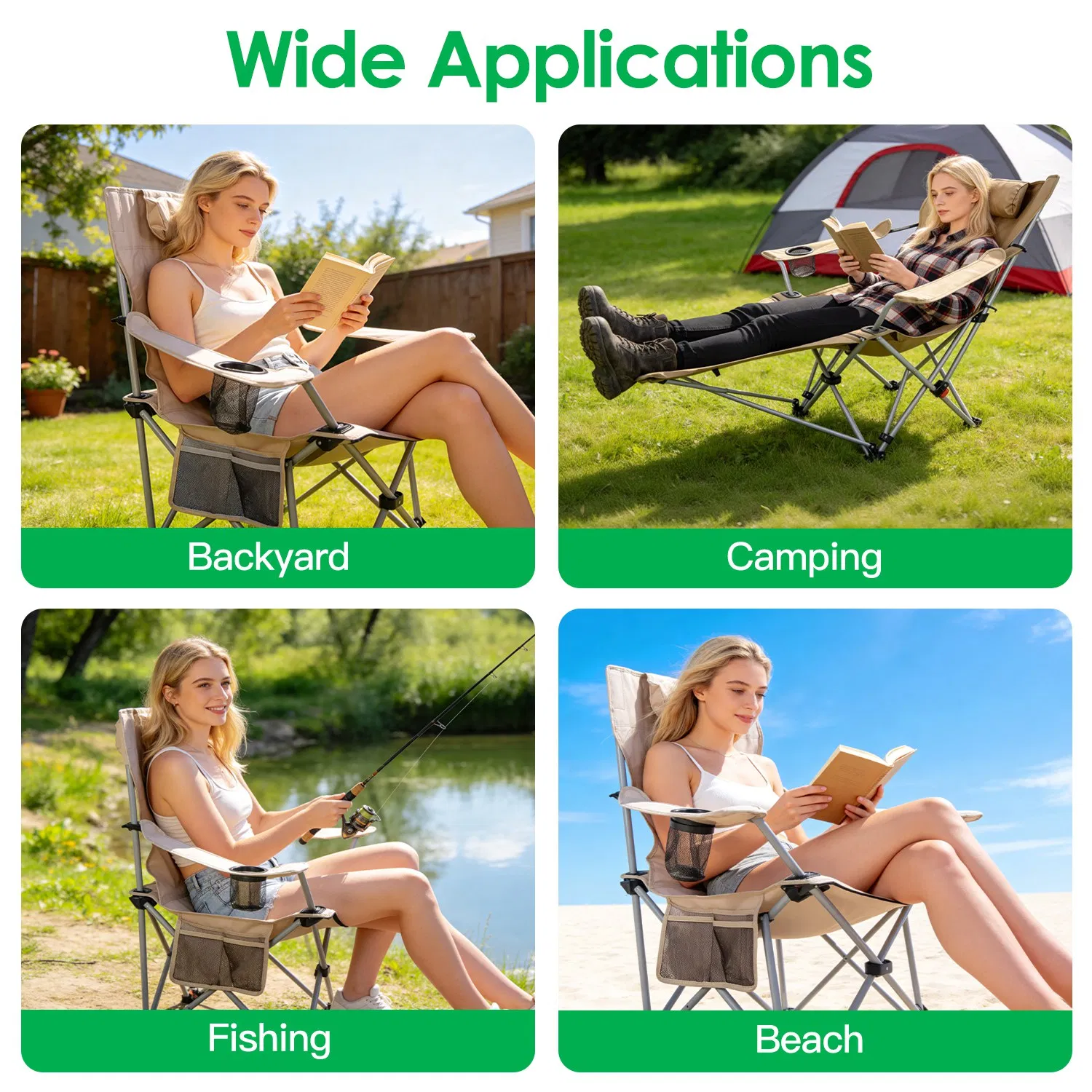 1Pc Reclining Camping Chair with Footrest 4-Position Adjustable Outdoor Folding Chair Heavy Duty Portable Camping Lounge Chair with Headrest Cup Holder & Side Pocket for Outdoor Beach Patio Travel photo 3
