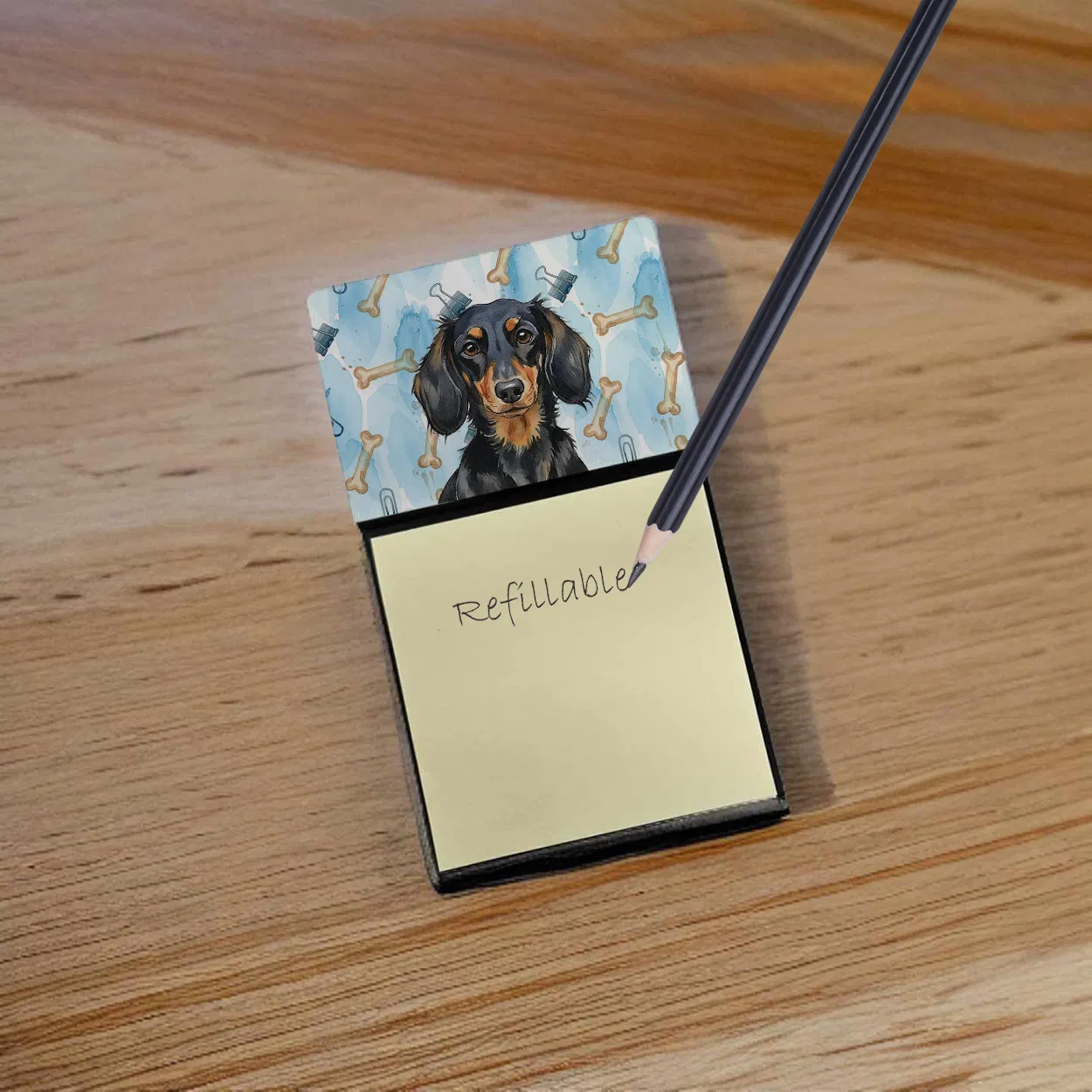 Longhaired Black and Tan Dachshund Coworker Watercolor Sticky Note Holder Refillable Dispenser Desk Accessory 3x3 Pad Gift photo 7