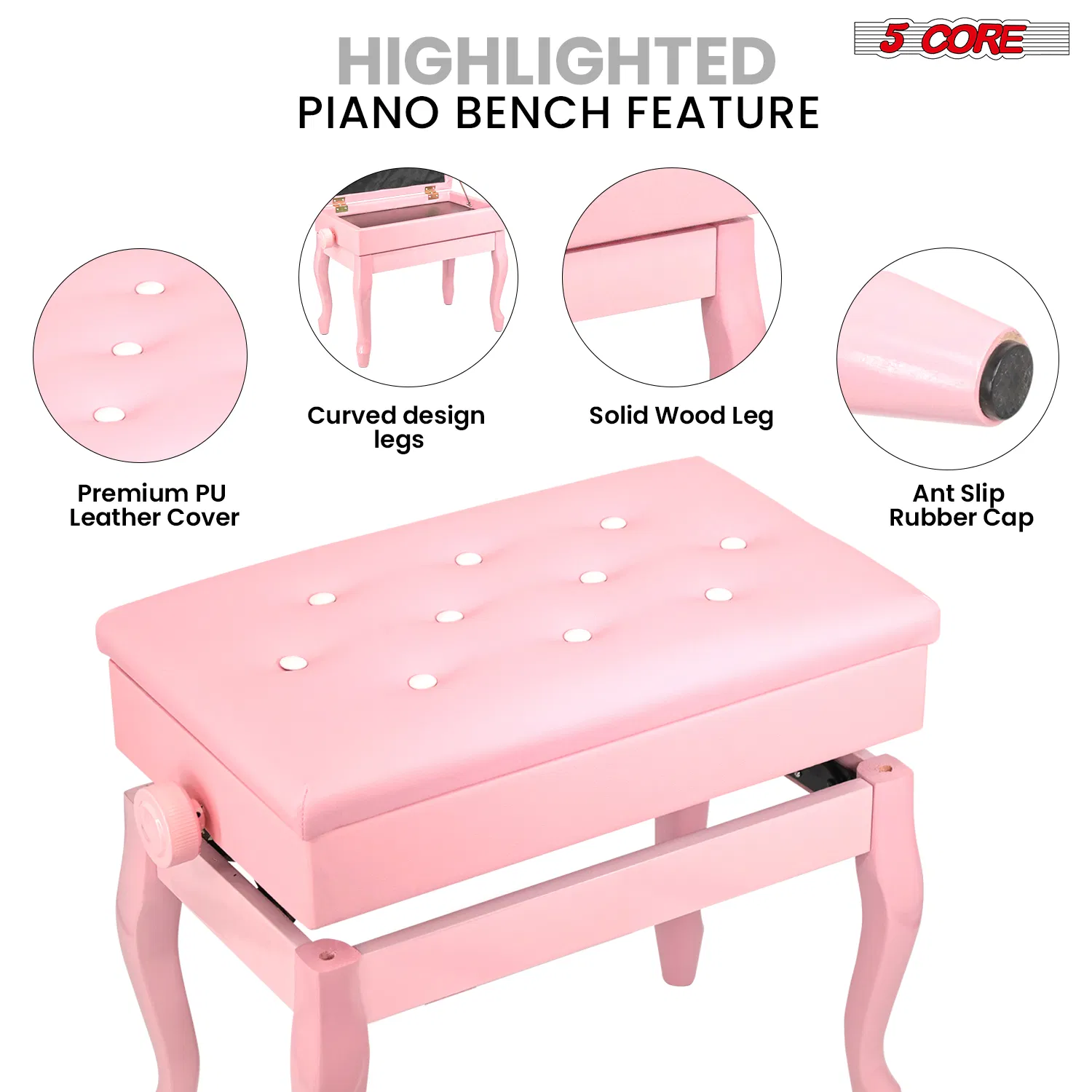 5 Core Piano Bench Wooden Height Adjustable Stool Heavy Duty Keyboard Seat with Storage photo 3