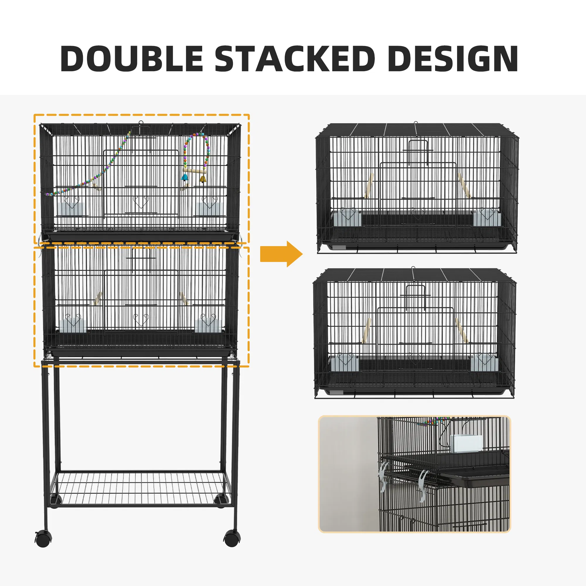 65" Birdcage for Canaries, Lovebirds Finches, Budgie Cage with Wheels, Black photo 5