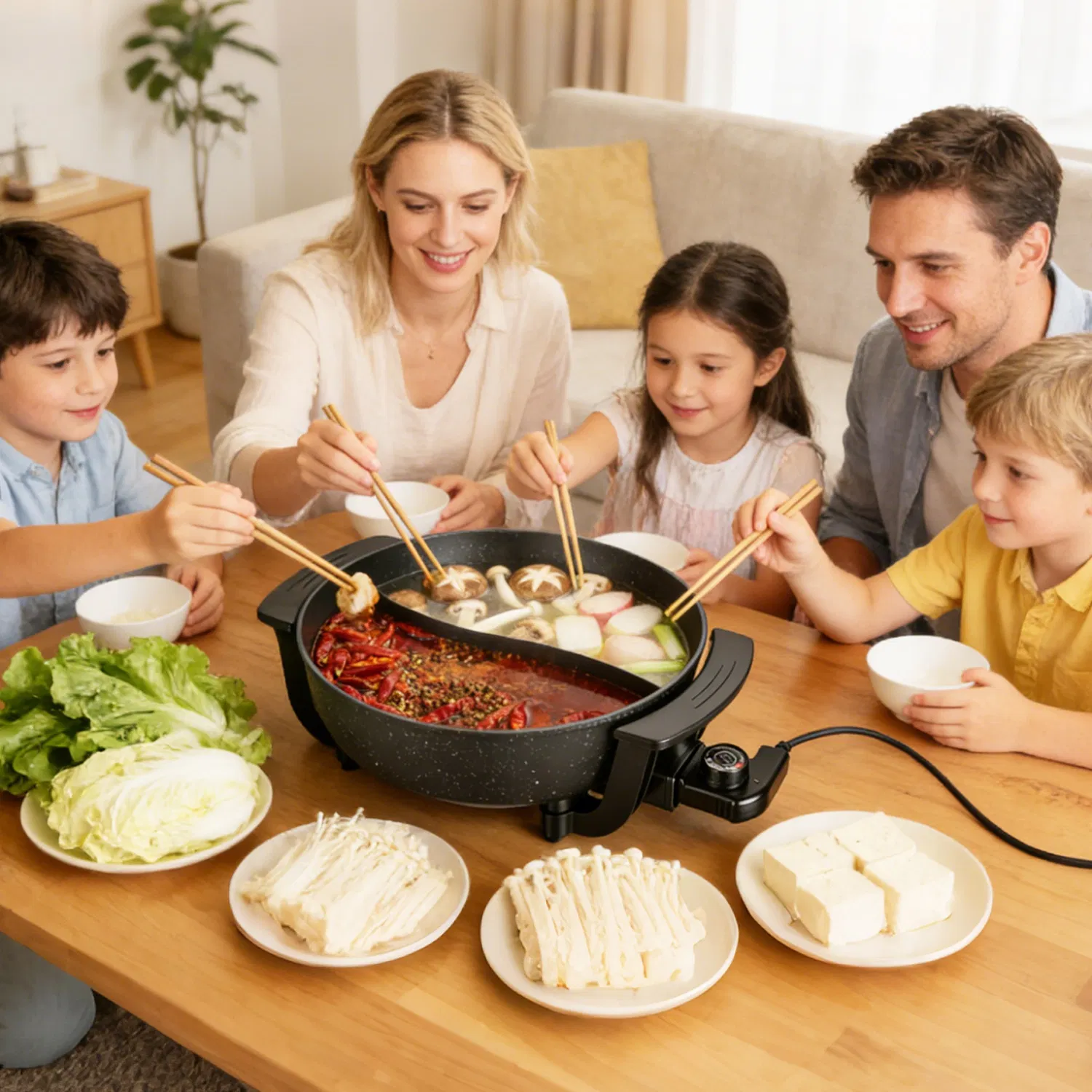 6L Electric Hot Pot with Divider 1100W Dual-Flavor Pot Shabu Shabu Pot Non-Stick with 5-Temp Control for Shabu Shabu Fondue Perfect for Family Gatherings & Parties photo 3