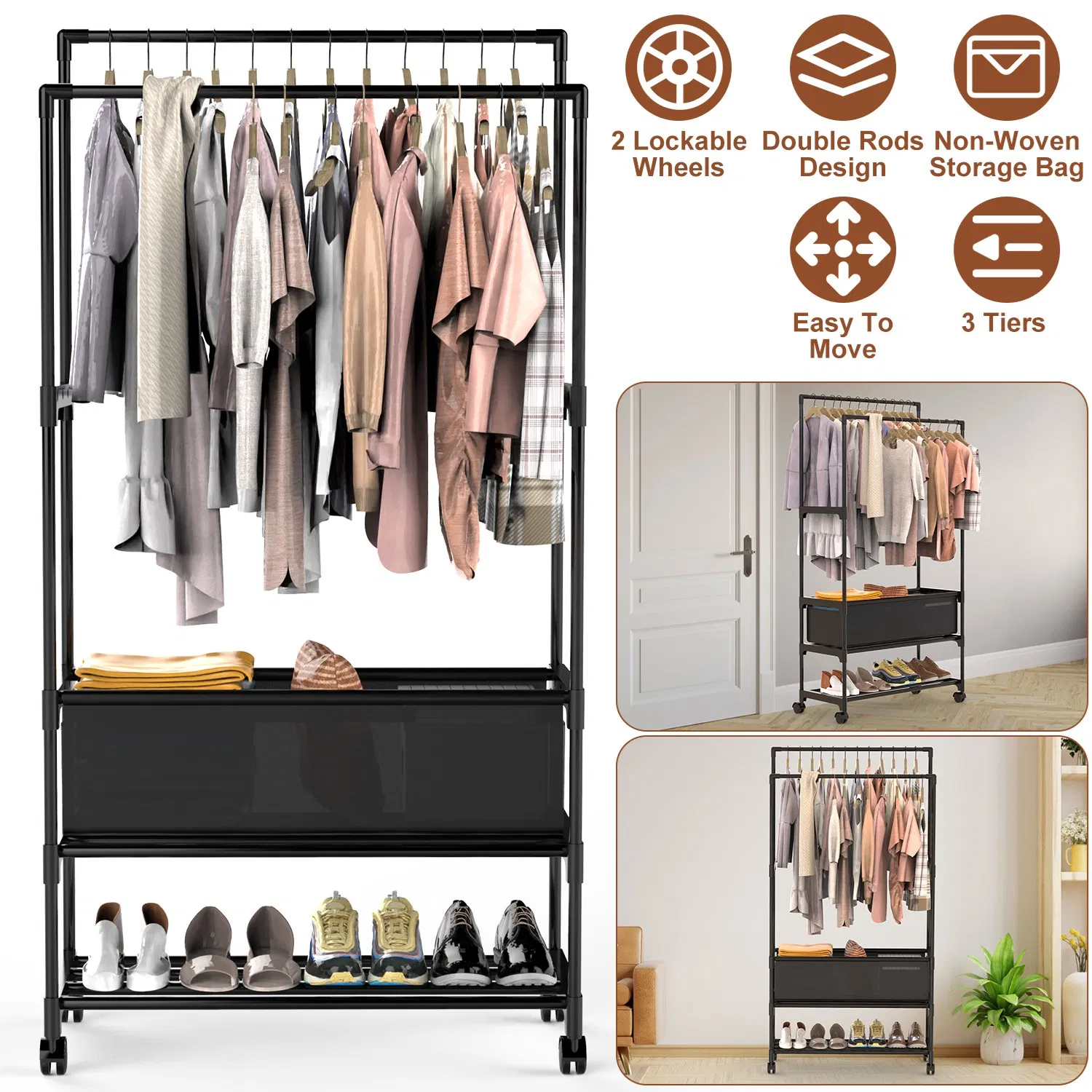 3 Tiered Portable Clothing Rack For Bedroom Entryway Double Hanging Rods Sturdy Iron Garment Rack With Double Hanging Rods Adjustable Storage Bag Quiet Wheels photo 1