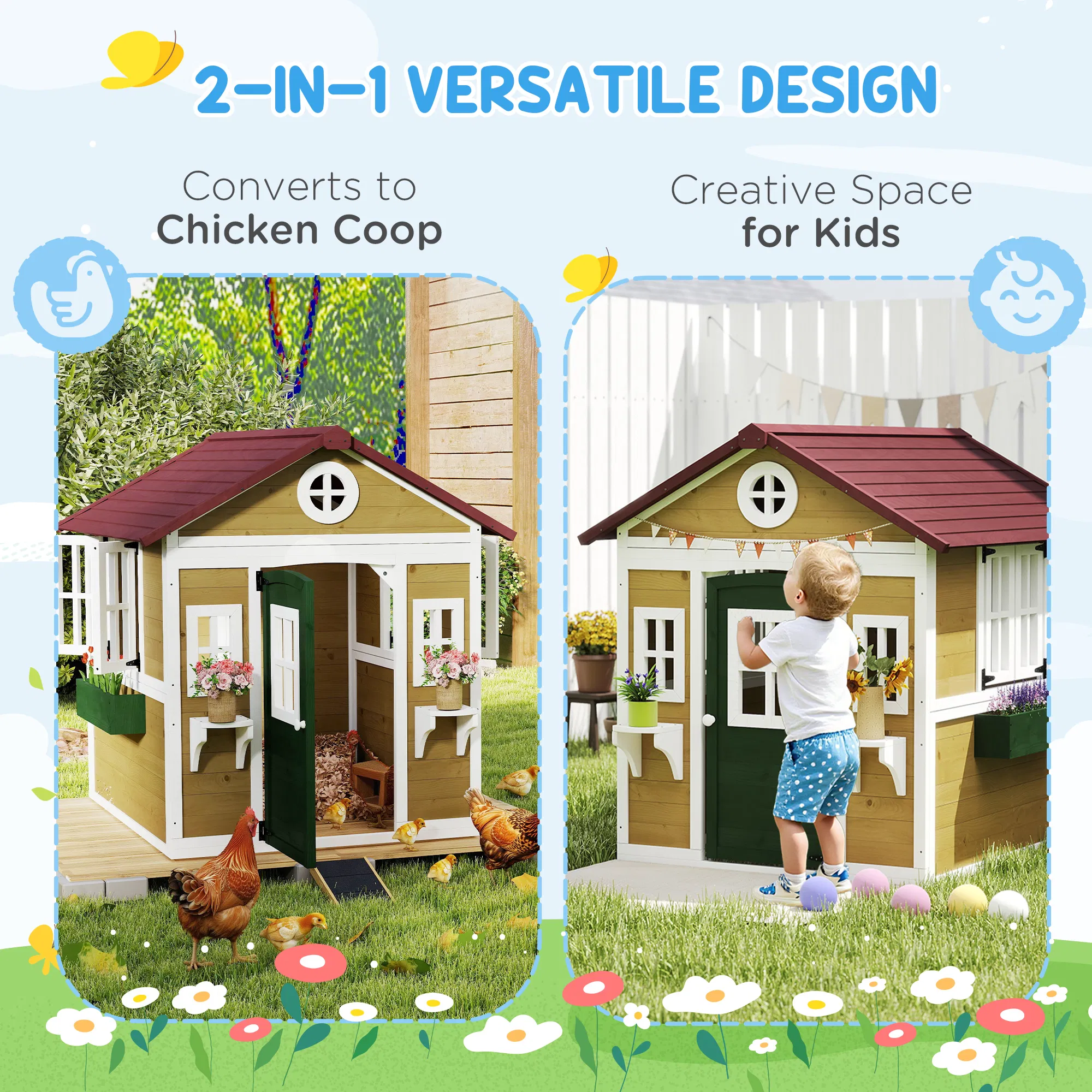 Wooden Playhouse for Kids Outdoor with Door, Windows, Planter Pots and Boxes for Toddlers 3-8 Years, Beige photo 5