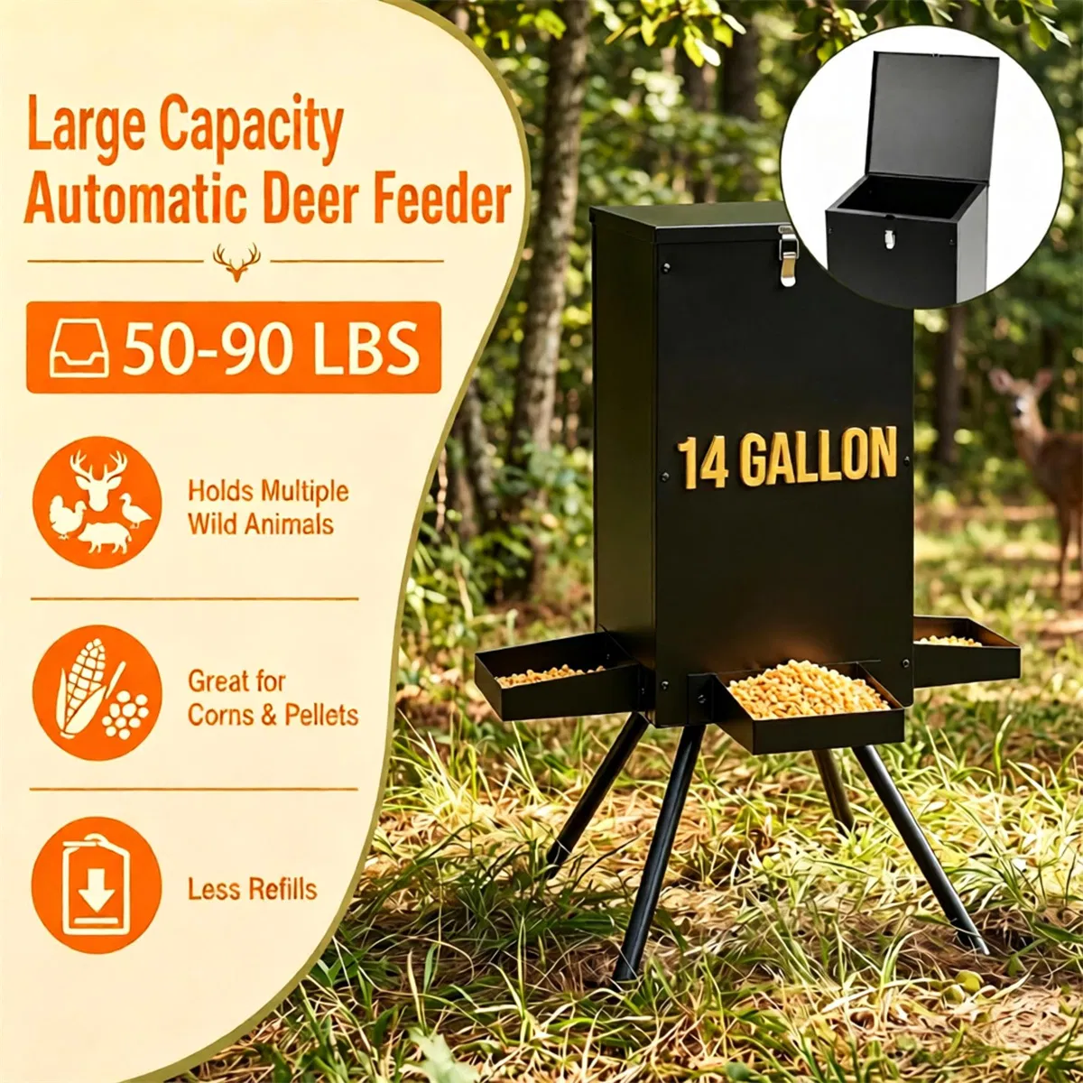 14 Gallon Gravity Deer Feeder 50-90 LBS Capacity Galvanized Coated Steel Wildlife Game Feeder with 4 Feeding Trays Lockable Lid Ground Pegs for Hunting Ranch Backyard Black photo 5