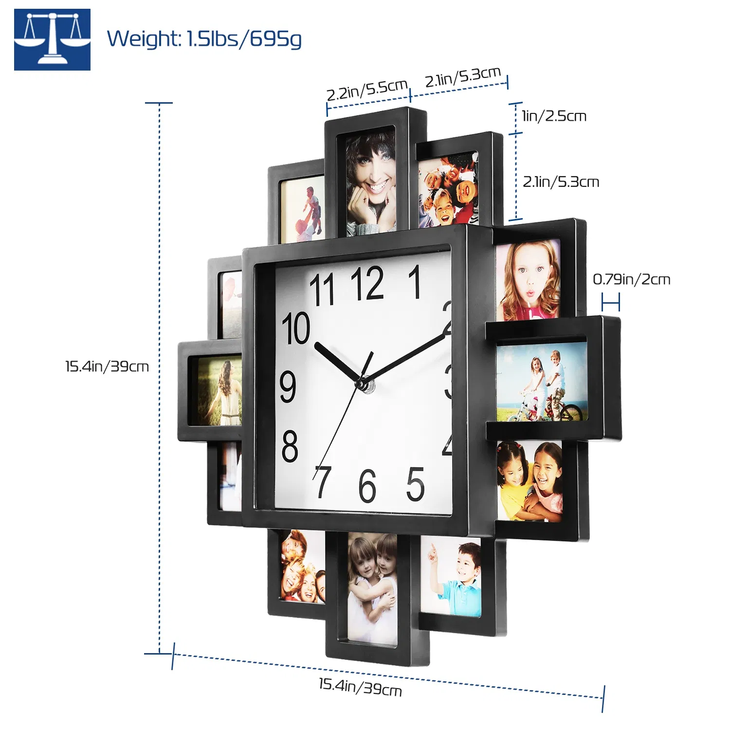 2 In 1 Wall Clock Photo Frame with Quartz Movement, 12 Photo Openings High Transparent Protective Cover ABS Material Back Hook Wall Mount for Living Room Office Conference Room photo 4