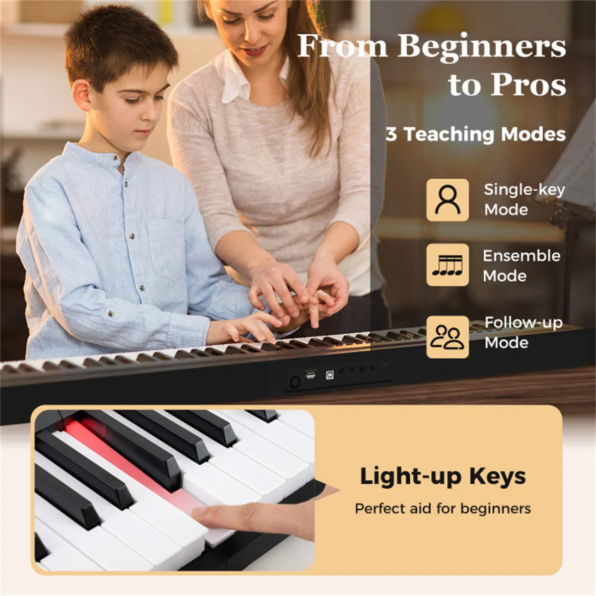 88-Key Semi-Weighted Foldable Digital Piano, 128.27×22.86×5.08 cm Light-Up Keys Keyboard with 3 Teaching Modes for Beginners, Black & White photo 5