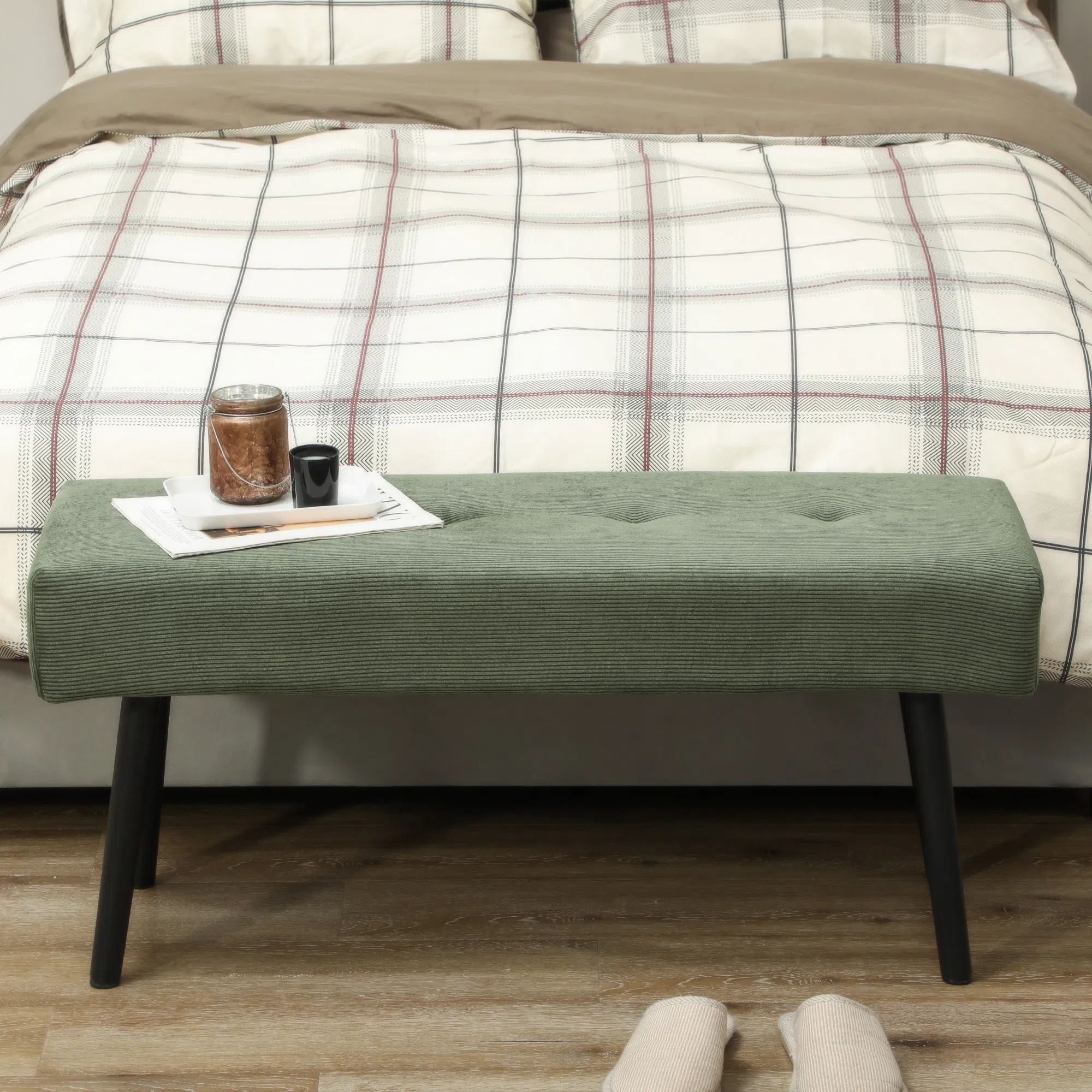 39" Upholstered Ottoman Bench, Corduroy Entryway Bedroom Bench with Padded Seat and Steel Legs for Bedroom, Green photo 5