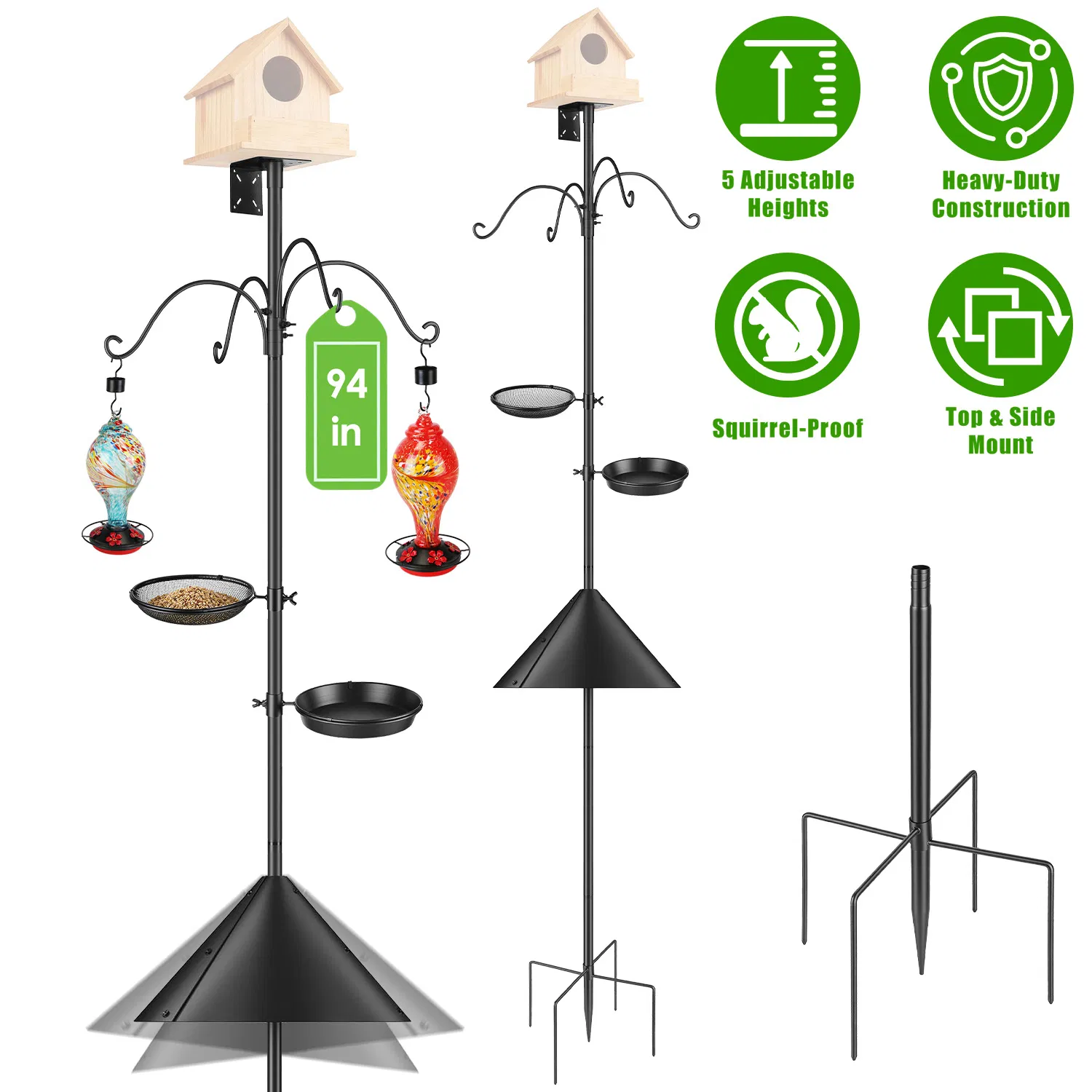94Inch Squirrel Proof Bird Feeder Pole Heavy-Duty Bird House Pole Outdoor Bird Feeding Station with 5 Adjustable Heights 4 Shepherd Hooks Top & Side Mount Brackets 5-Pronged Base photo 1