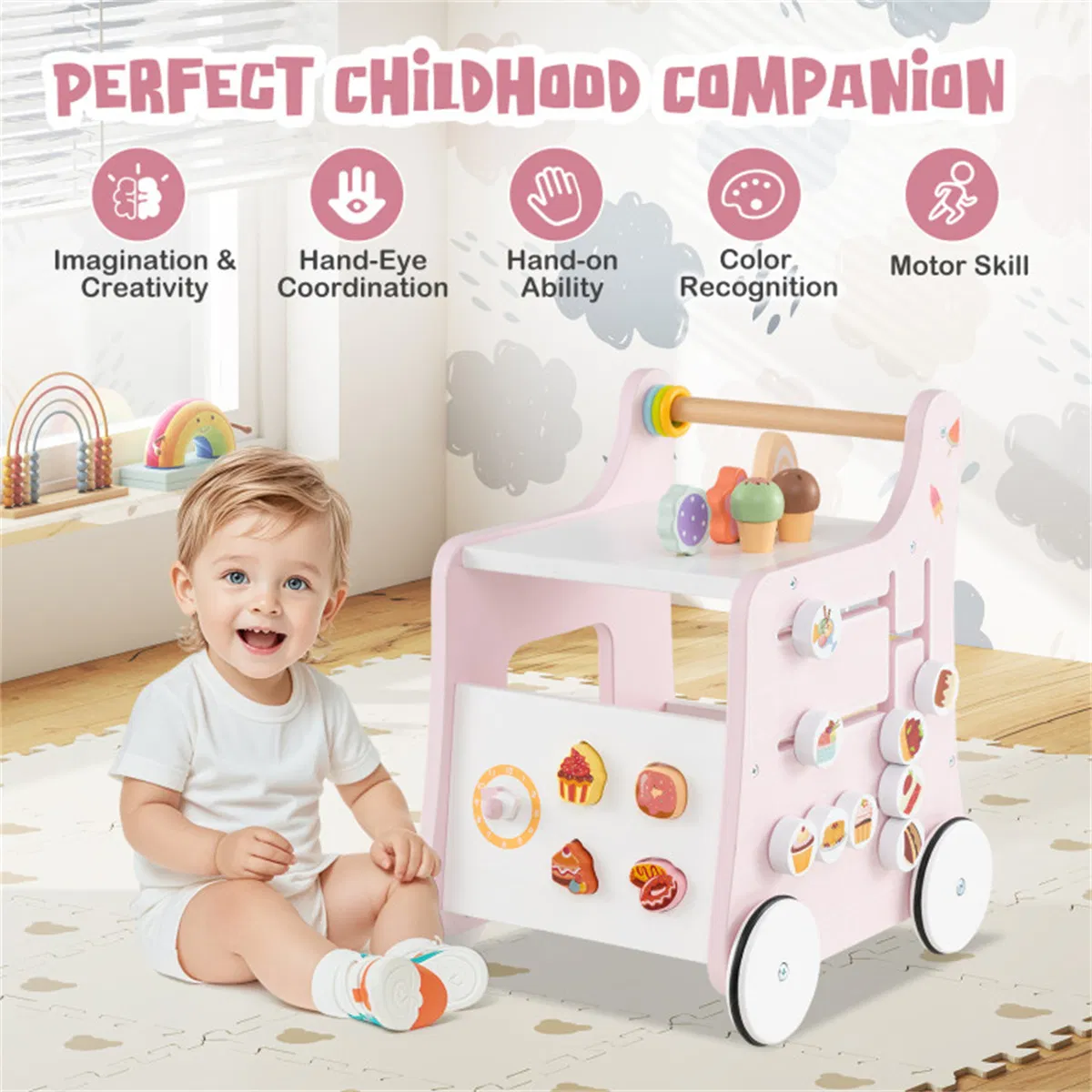 2-in-1 Baby Walker with 8 Fun Activities (Dessert Sorter/Adjustable Clock/Maze) + Side Shop Window (Role Play)-Pink photo 7