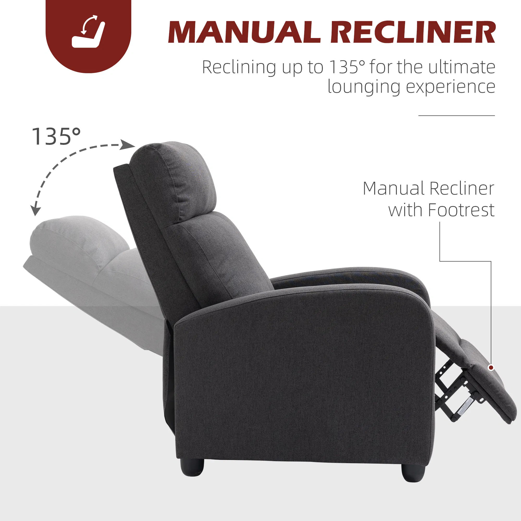 Fabric Recliner Chair Manual Home Theater Seating Single Reclining Sofa Chair with Padded Seat for Living Room, Dark Grey photo 4