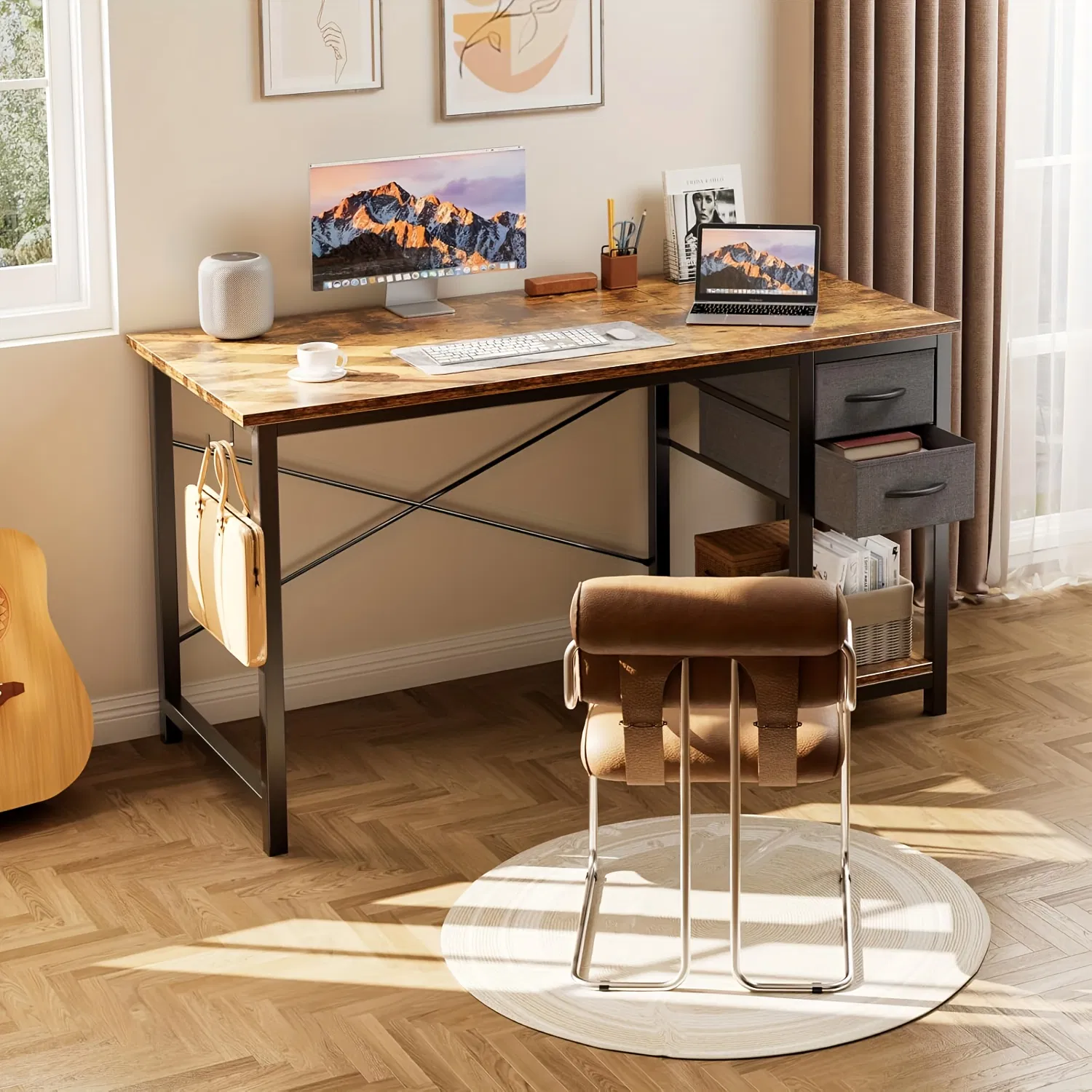 40-47IN The computer desk has drawers, the wooden desk has adjustable position drawers, and the modern study and work desk has side hooks photo 2