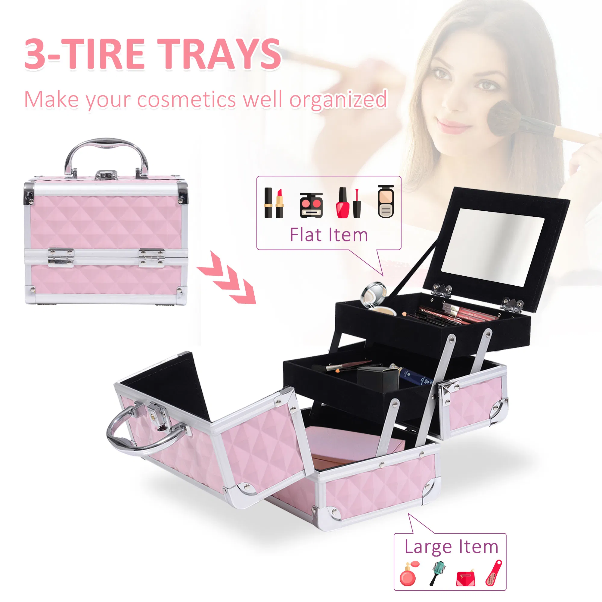 Cosmetic Train Case 3 Tier Diamond Texture Organizer with Mirror Portable Pink 8"x6"x6" photo 6