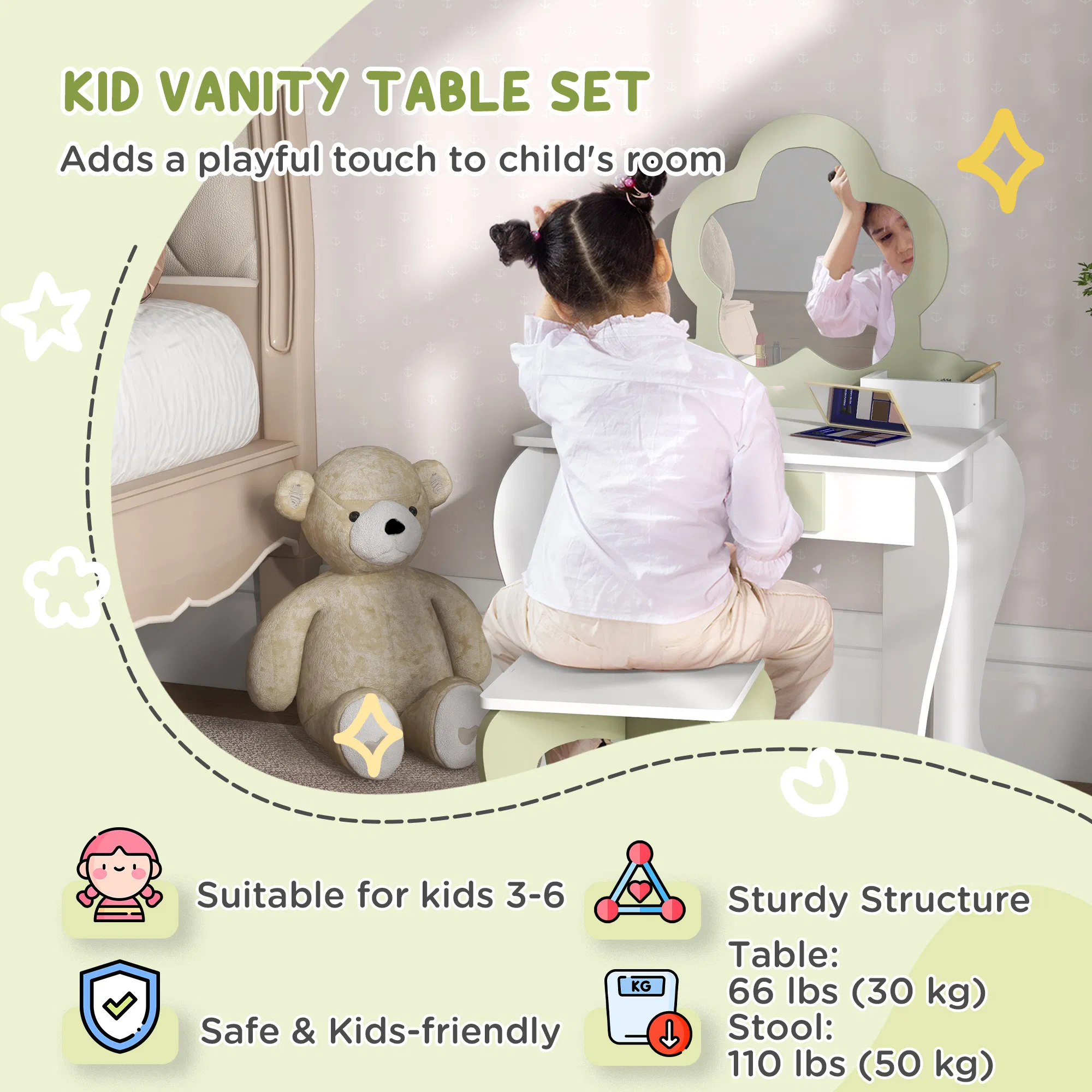 Kids Makeup Vanity Set with Stool, Mirror, Drawer, Storage Boxes, White photo 3
