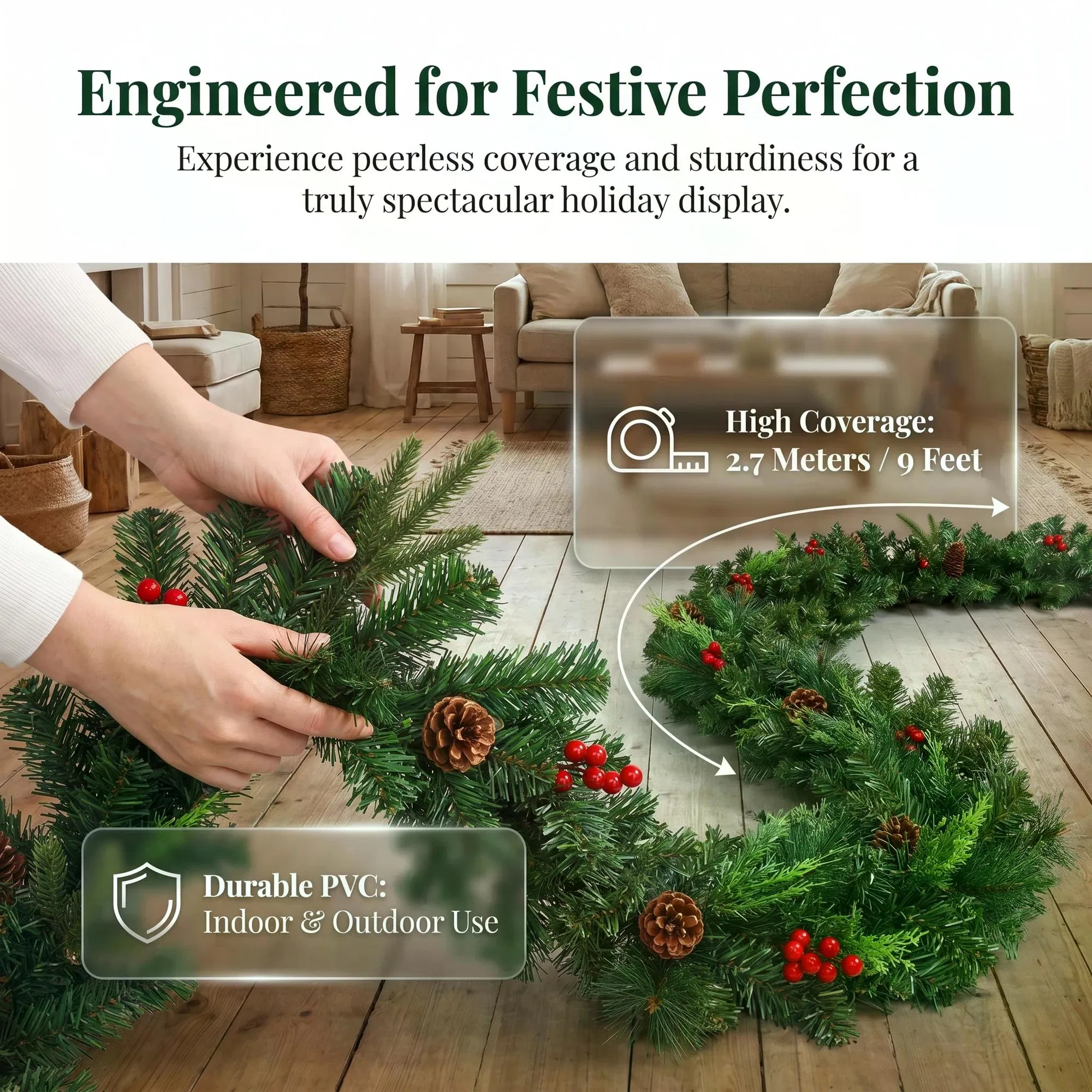 270cm Christmas Garland | Artificial Pine Needles & Berries Decor | For Staircase/Fireplace Hanging | Multicolor PVC Material | Home Holiday Atmosphere Decoration photo 4