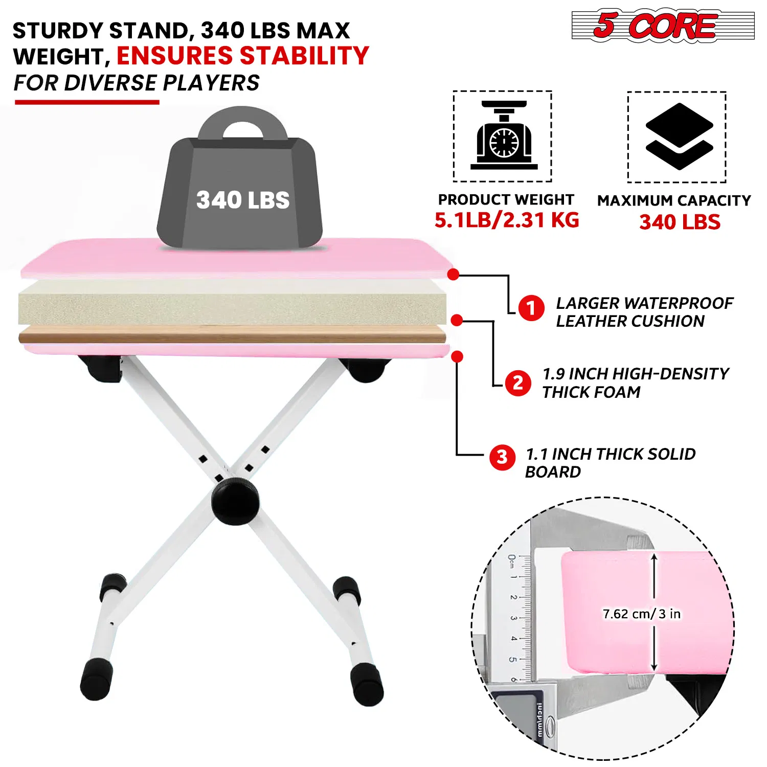 5 Core Keyboard Bench 3 Inch Padded Cushioned Piano Stool Height Adjustable Guitar Seat Heavy Duty Folding Portable Musician Chair W Nonslip Rubber Feet Black - KBB BLK HD photo 5