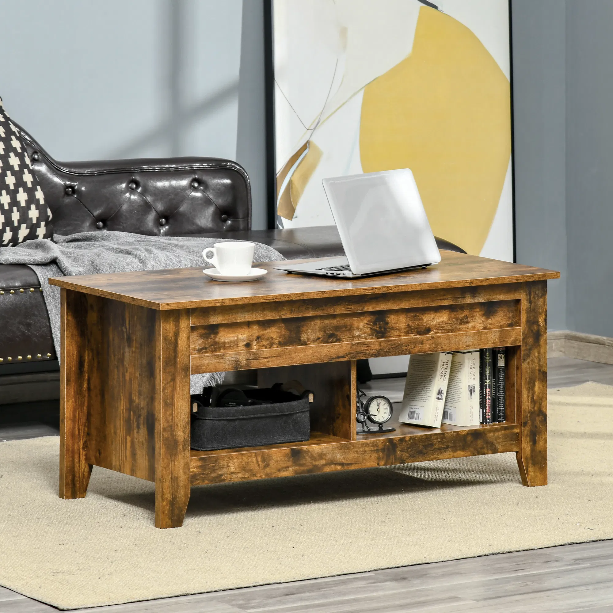 Lift Top Coffee Table with Hidden Storage Compartment and Open Shelves, Lift Tabletop Pop-Up Center Table for Living Room, Brown photo 3