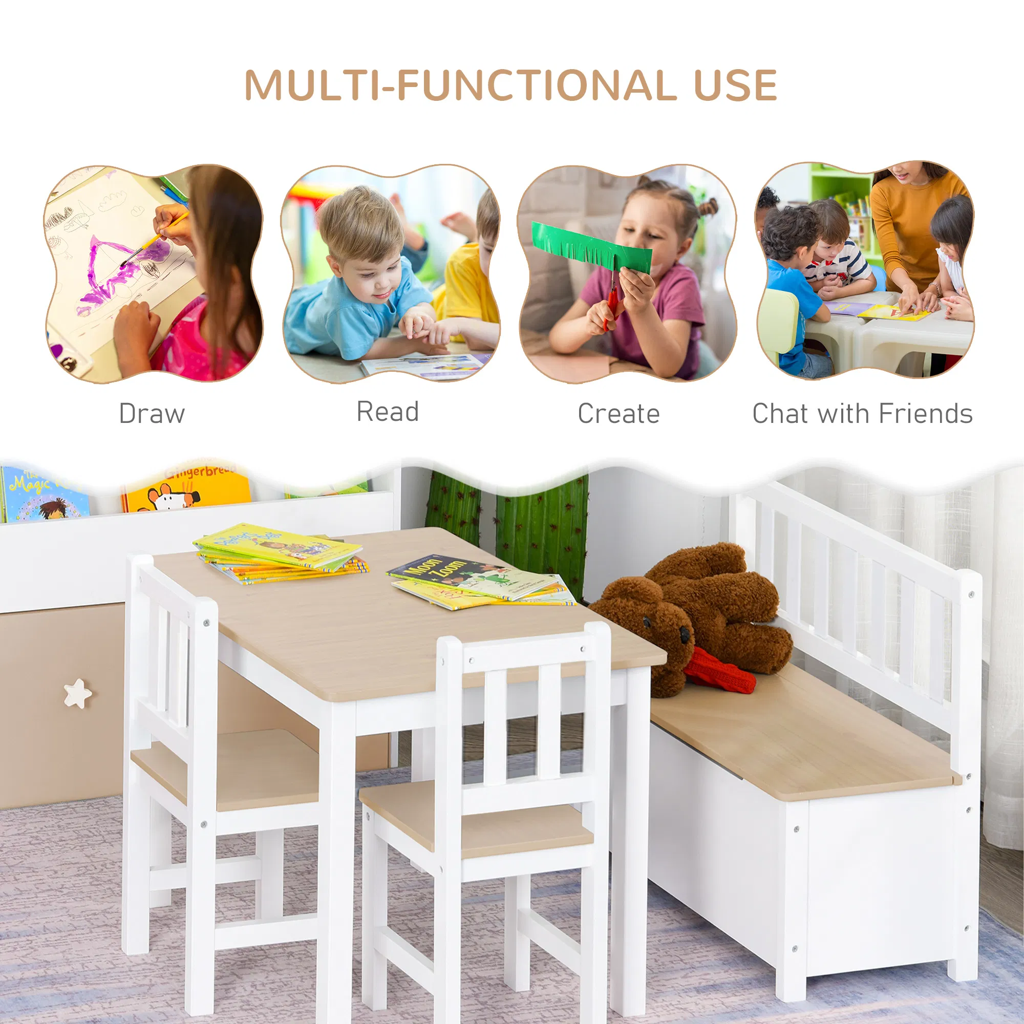 4-Piece Set Kids Wood Table Chair Bench with Storage Function Easy to Clean Gift for Girls Boys Toddlers Age 3 Years up Natural and White photo 2