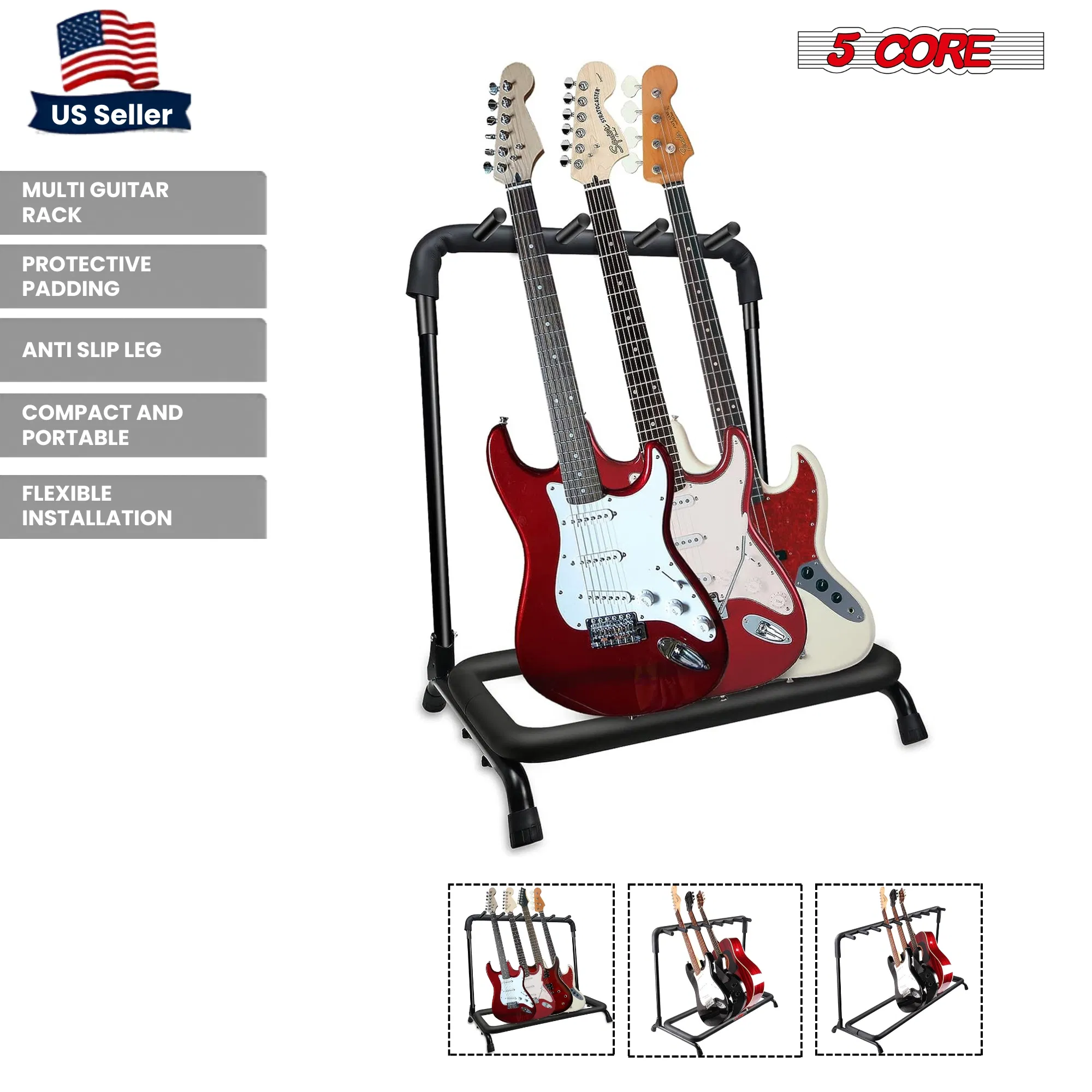 5 Core Guitar Rack 3 Slot Multi Guitar Stand Triple Display Floor Stand Safe Storage Foldable Portable for Electric Acoustic Flying V Guitars photo 2