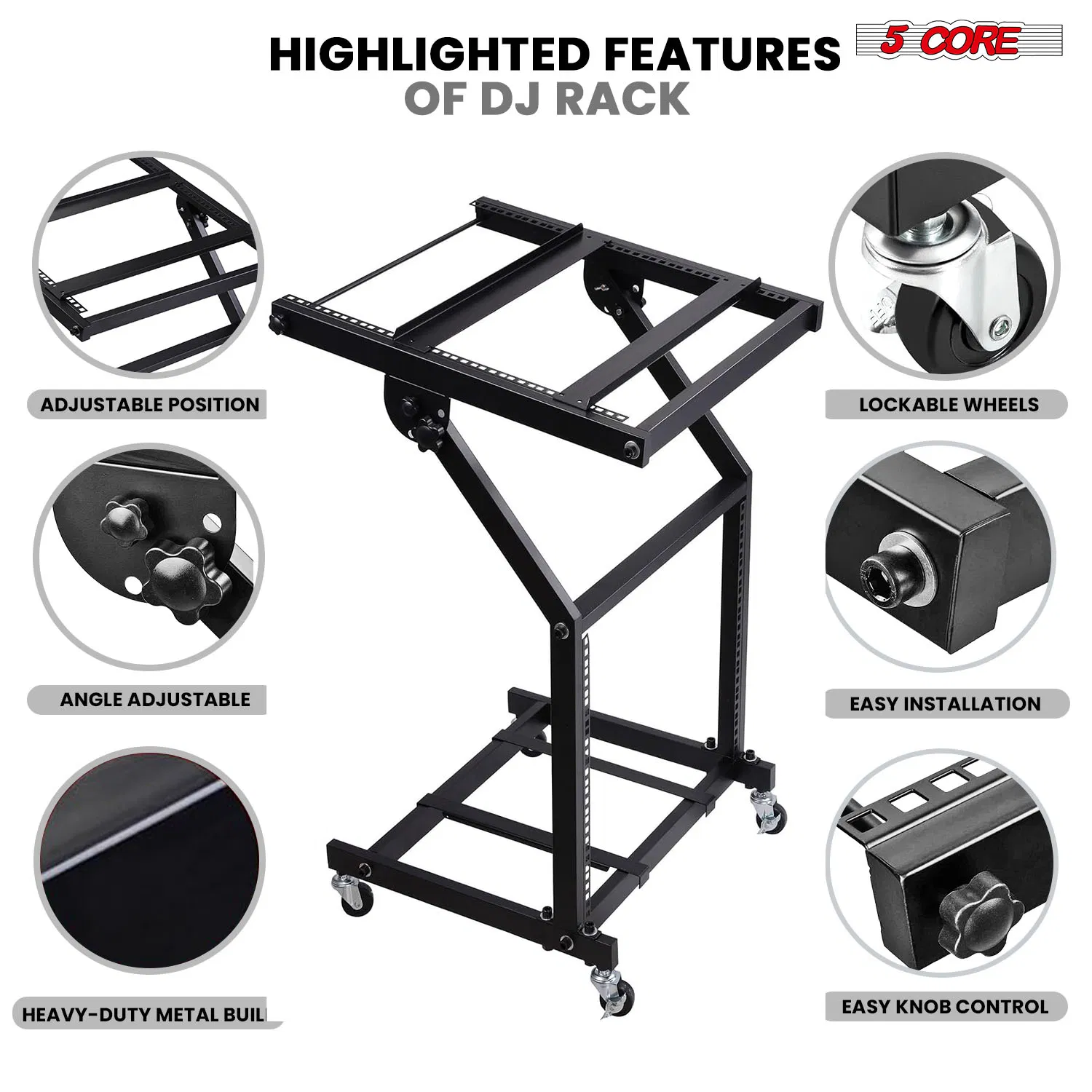 5 Core DJ Mixer Stand 9U/12U/16U Adjustable Rack Mount Rolling Stage Cart Pro Audio Studio Equipment for Homes Offices Stage Music Studios w Wheels photo 4