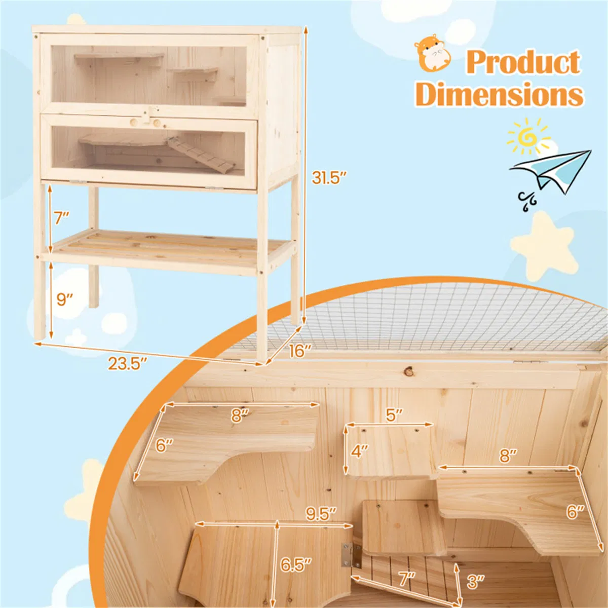 31.5 " Fir Wood Hamster Cage with Flip Mesh Roof, Multi-Level Activity Areas & Bottom Storage Shelf photo 5