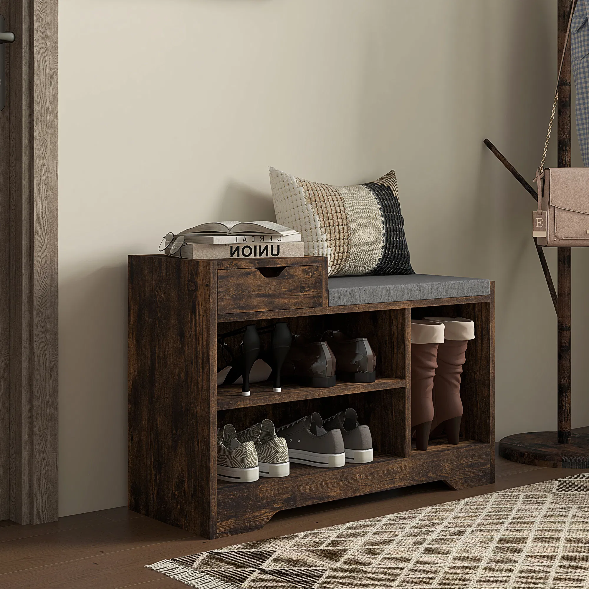 Upholstered Shoe Storage Bench, Hallway Shoe Storage with Seat, Drawer, 3 Open Shelves for Entryway, Rustic Brown photo 4