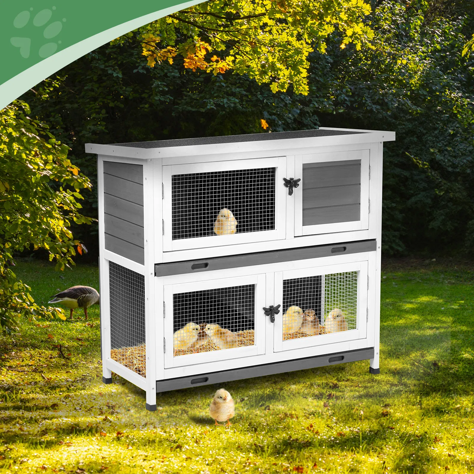 2 Story Solid Wood Rabbit Hutch Bunny Cage with 2 Large Main Rooms, Indoor Outdoor Rabbit House Guinea Pig Cage Pet House for Small Animals with 2 Removable Trays, Grey photo 3