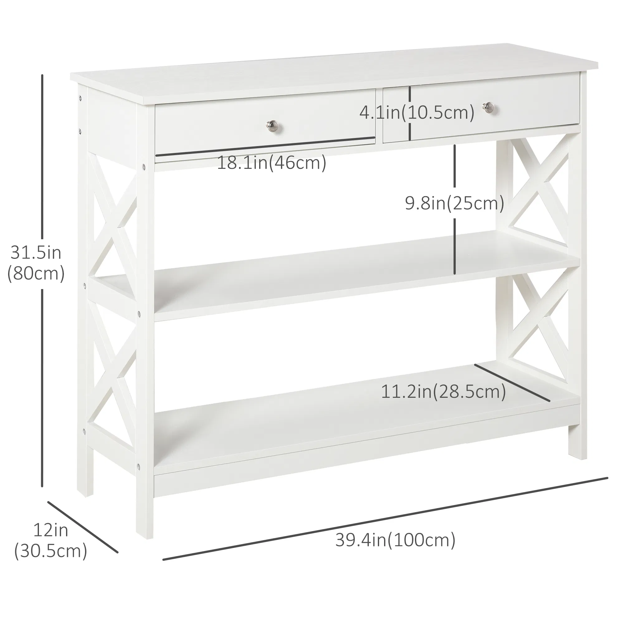39" Console Table, Narrow Entryway Table with Storage Shelves, Drawers and X Frame for Behind Couch, Living Room, Hallway, White photo 5