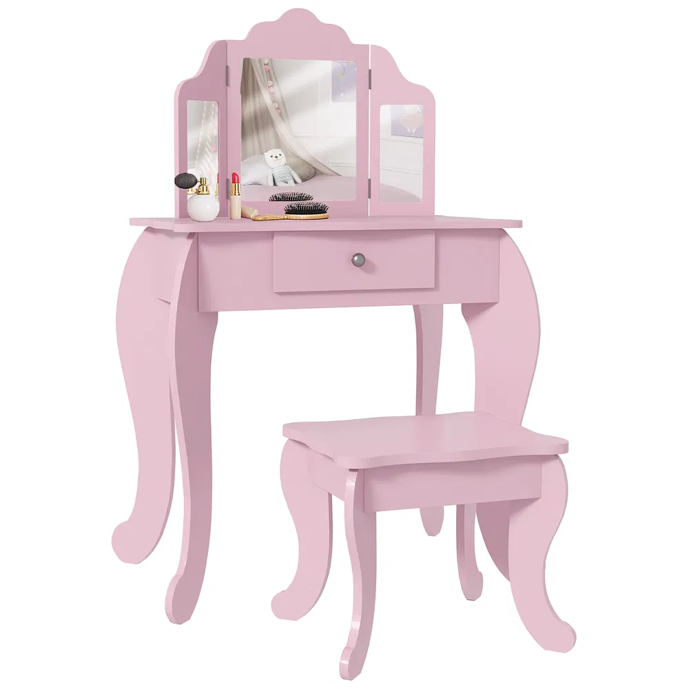 Kids Vanity Table and Stool, Makeup Vanity Girls Dressing Table Set with Tri-folding Mirrors Drawer Star and Heart Pattern, Pink photo 7
