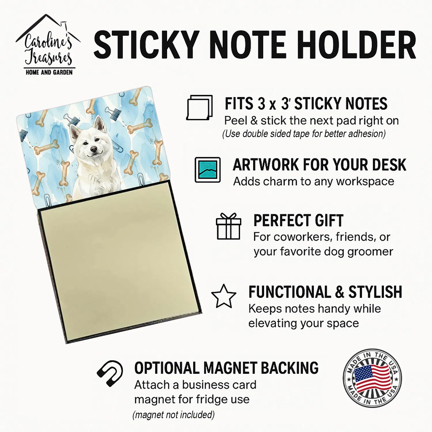 White Akita Coworker Watercolor Sticky Note Holder Refillable Dispenser Desk Accessory 3x3 Pad Gift photo 4