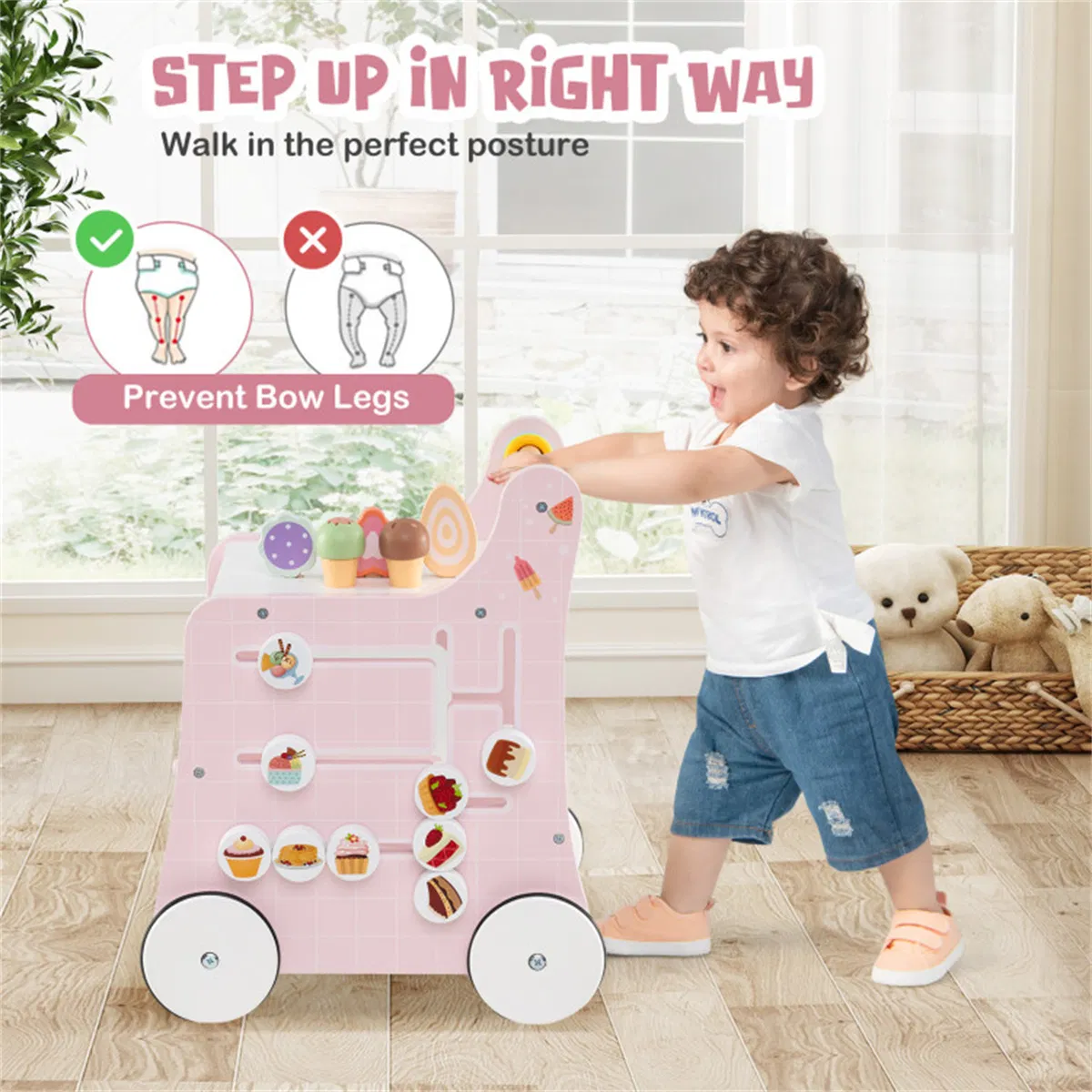 2-in-1 Baby Walker with 8 Fun Activities (Dessert Sorter/Adjustable Clock/Maze) + Side Shop Window (Role Play)-Pink photo 6