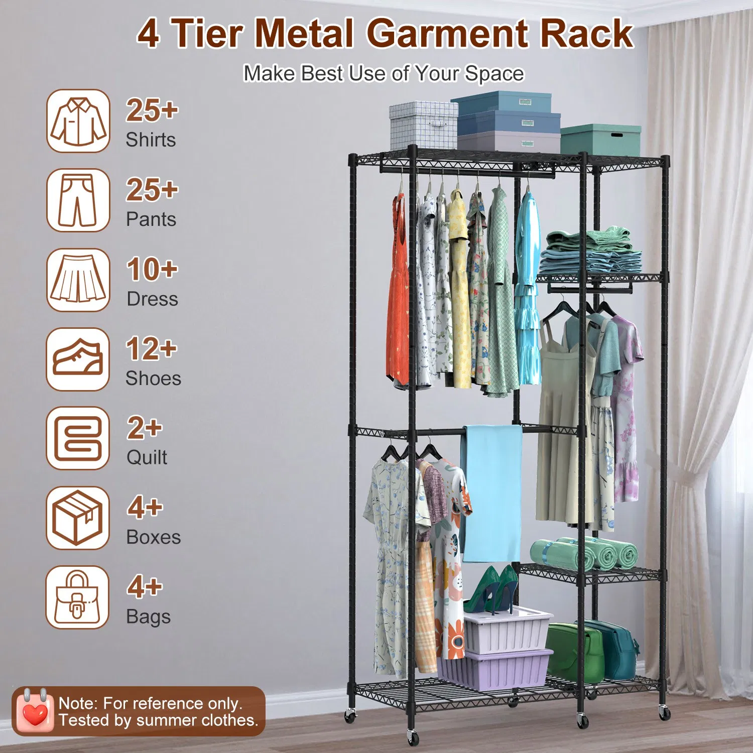4 Tier Heavy Duty Garment Rack with Wheels Carbon Steel Clothing Rack Portable Wardrobe Clothes Rack with 3 Hanging Rods 6 Footrests 44.9x17.13x77.95in photo 6