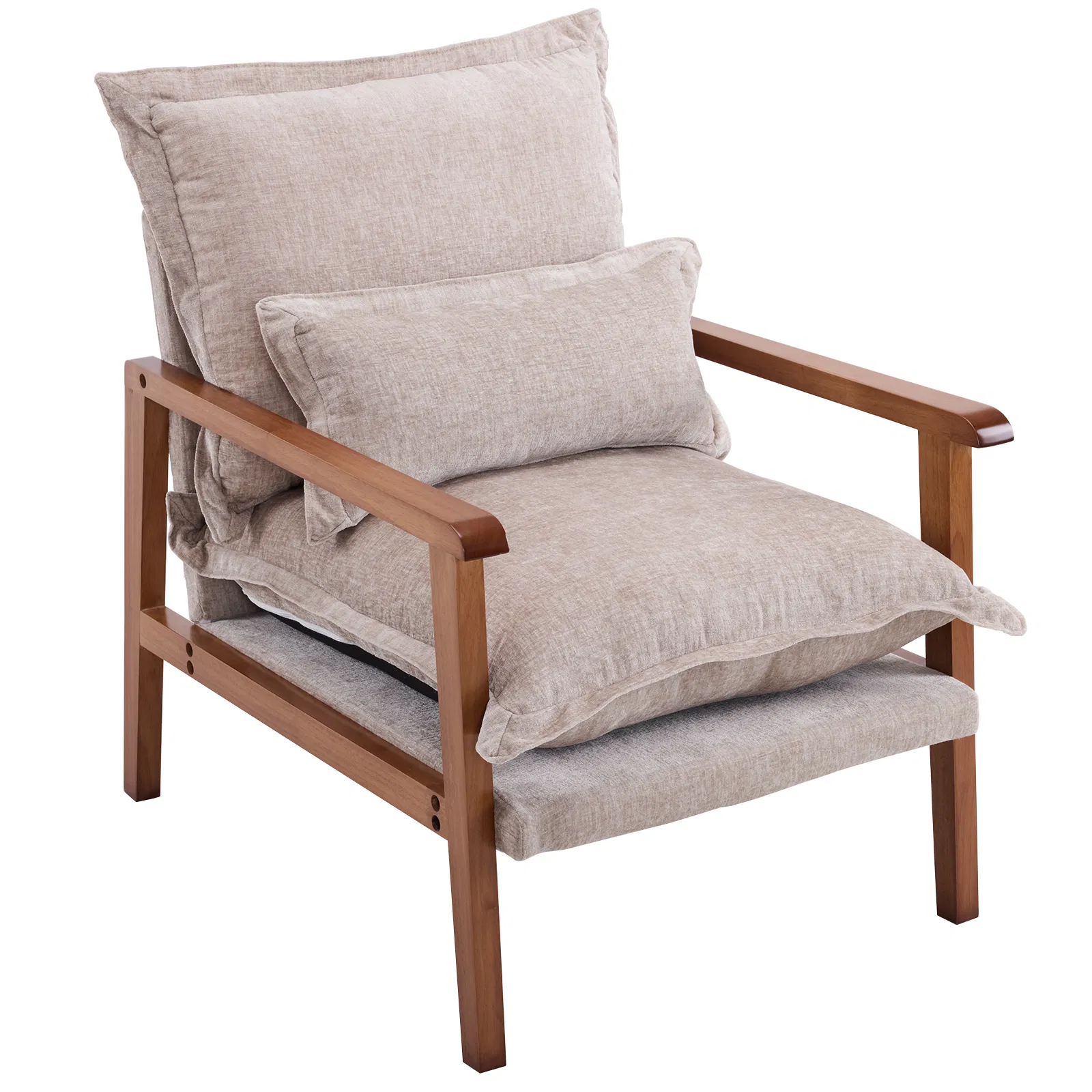Cloud Shaped Indoor Leisure Chair with Solid Wood Armrest, Metal Frame, Chenille Fabric Accent Chair with Lumbar Pillow, Single Sofa Chair Khaki photo 2
