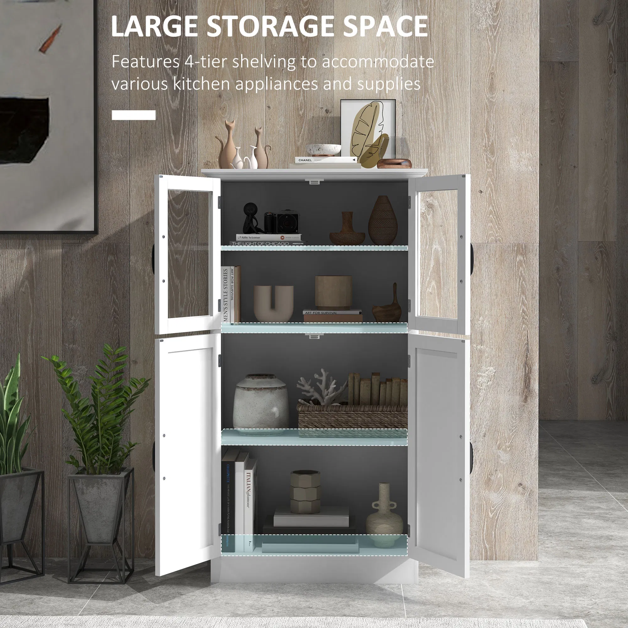 Modern Sideboard Cabinet, Freestanding Sideboards and Buffets with Glass Doors, 4-tier Shelving and Adjustable Shelves photo 5