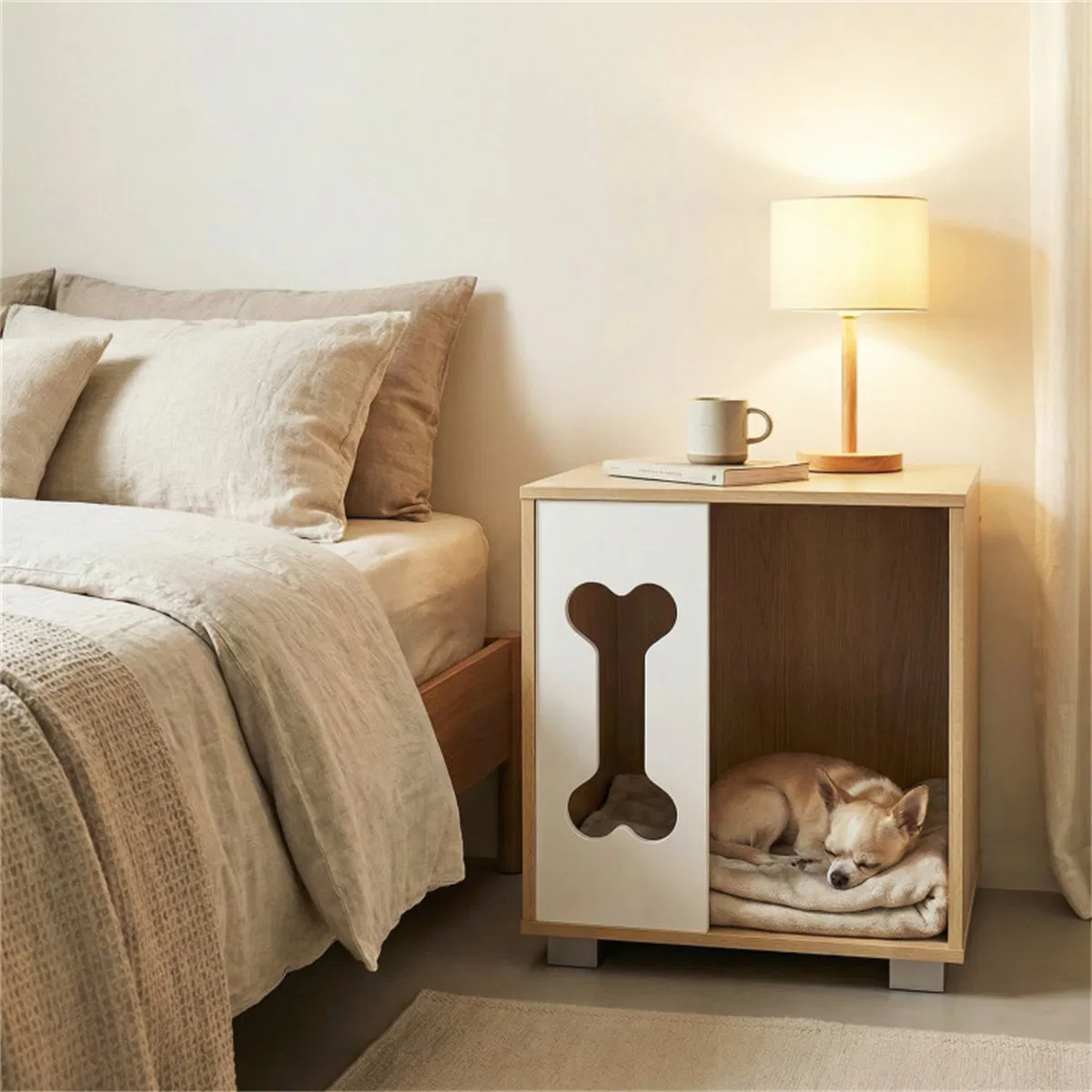 Cat Dog House Dog Bed Side Table Wooden Dog Condo with Bone-shape Window and Thick Metal Legs photo 8