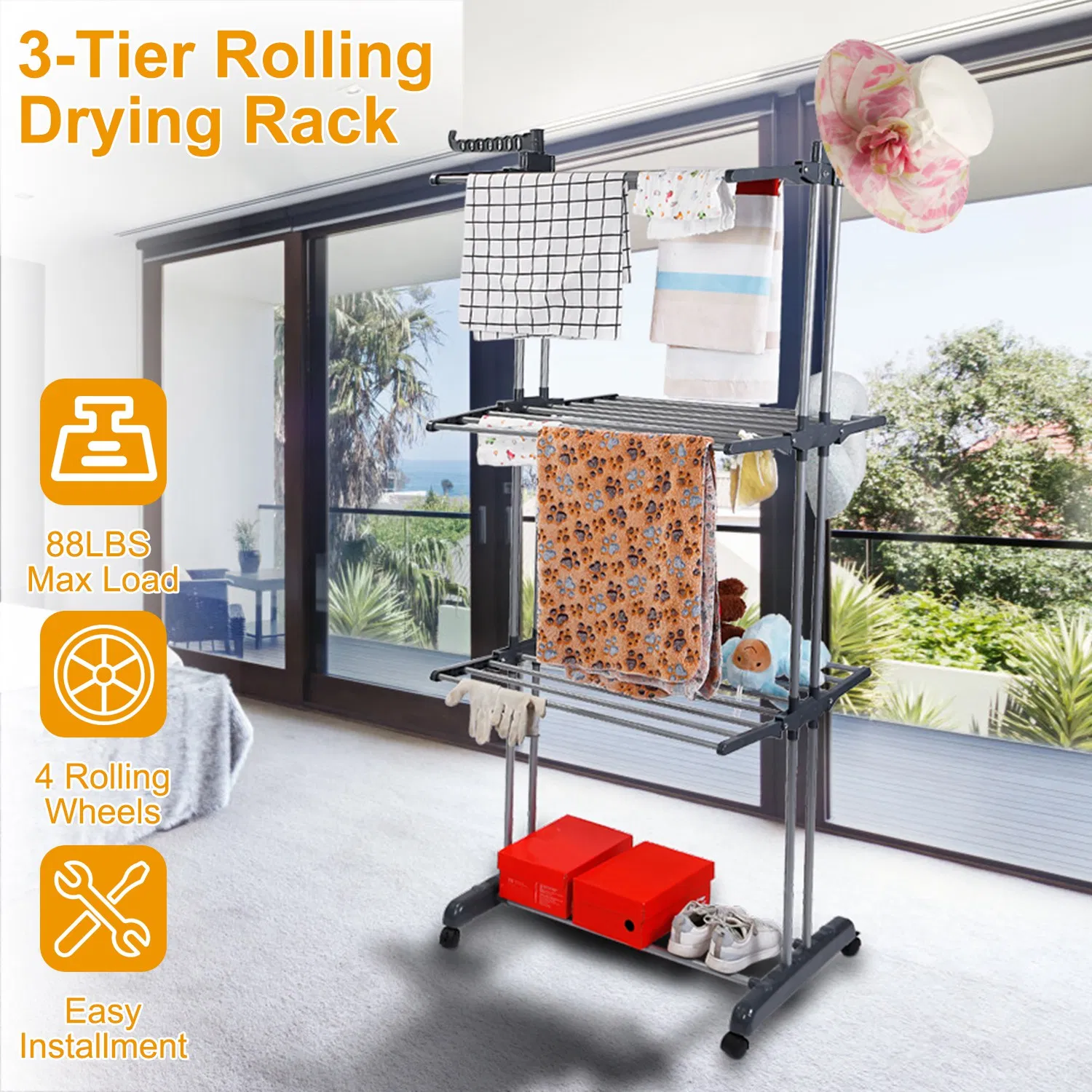 Clothes Drying Rack Rolling Collapsible Laundry Dryer Hanger Stand Rail Shelve Wardrobe Clothing Drying Racks w/ Dual Side Wings photo 1