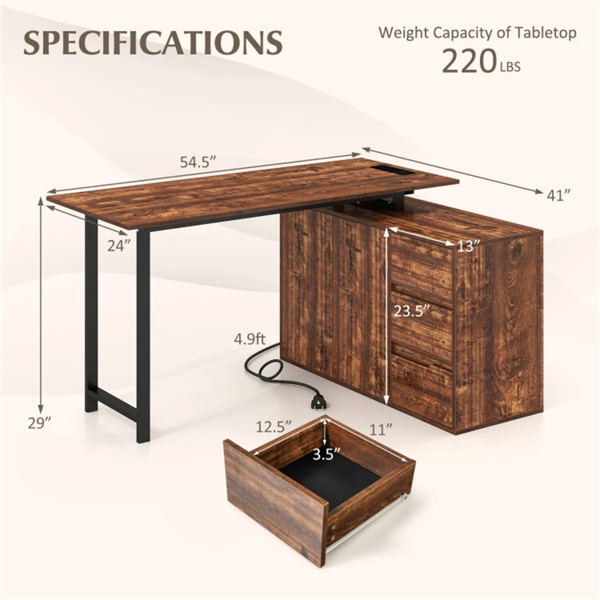 Reversible L-Shaped Desk with Built-in Charging Station, Home Office Desk with Drawers & File Cabinet - Rustic Brown photo 5