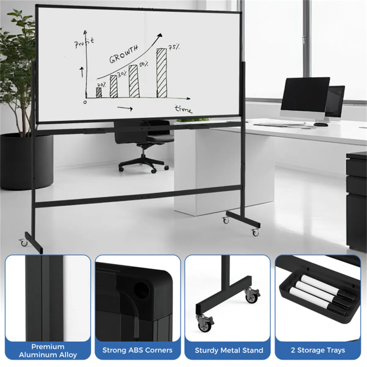 360° Rotating Double-Sided Magnetic Whiteboard, 182.88×91.44cm Writing Surface Mobile Dry Erase Board with Casters, Black photo 8