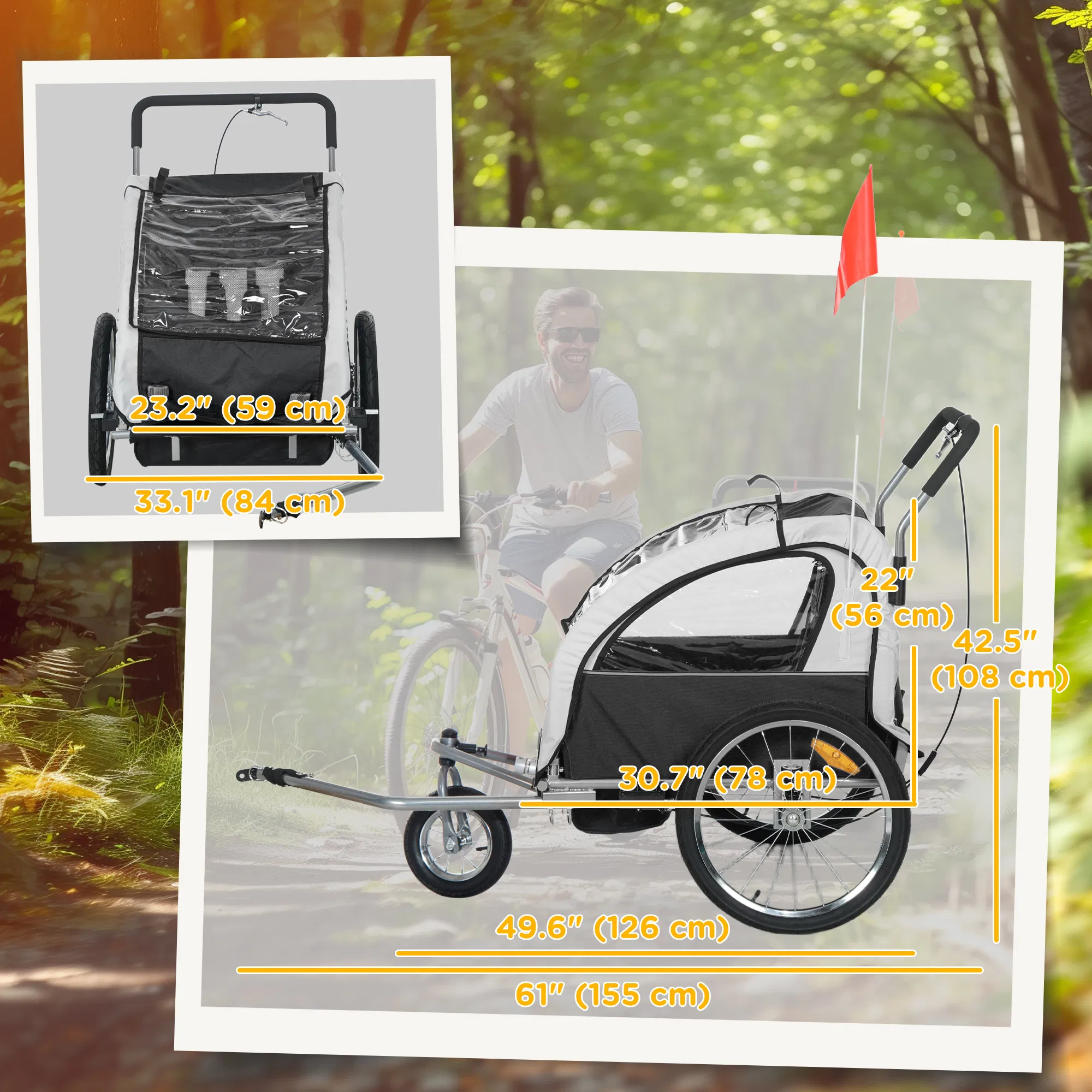 2-in-1 Bike Trailer for Kids, Foldable 2-Seat Baby Stroller with 5-Point Harness, Rubber Wheels, Storage Bag, Black photo 3