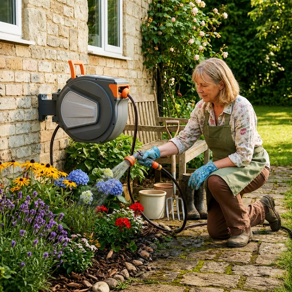 Auto Rewind Retractable Hose Reel, Wall Mounted with 180° Swivel, Multi-Function Spray Nozzle for Outdoor Watering photo 4
